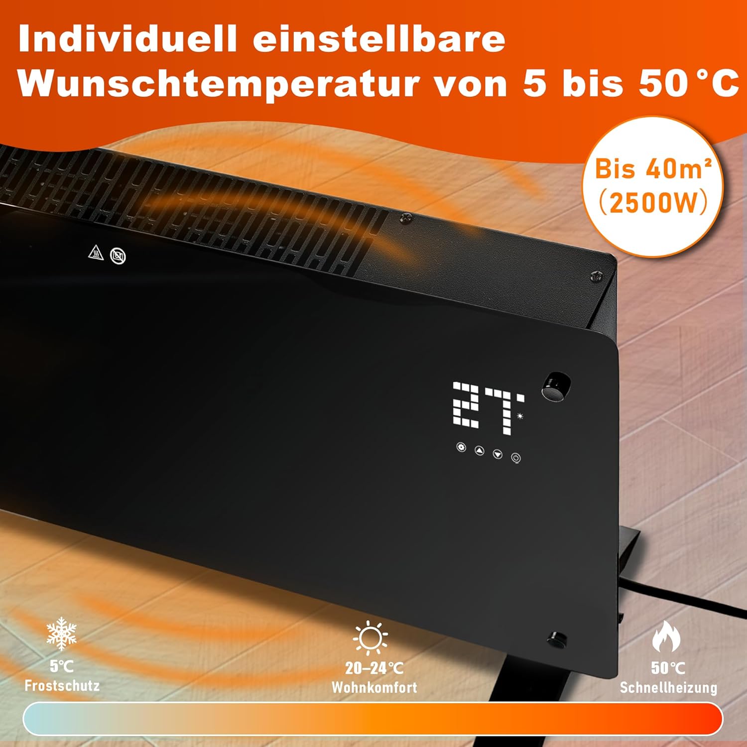 ZMH Calentador convector eléctrico de 2000W radiador independiente de bajo consumo con termostato control remoto pantalla táctil y temporizador - 4