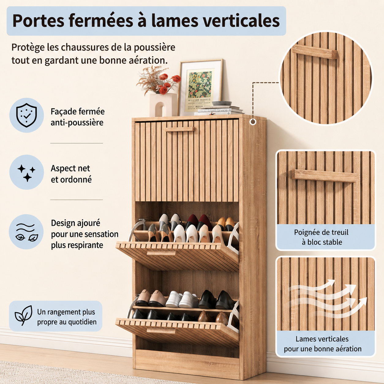 Meuble à chaussures avec 3 abattants avec portes à lamelles, armoire à chaussures slim anti-basculement pour 16 à 24 paires, 60 x 24 x 113. - 6
