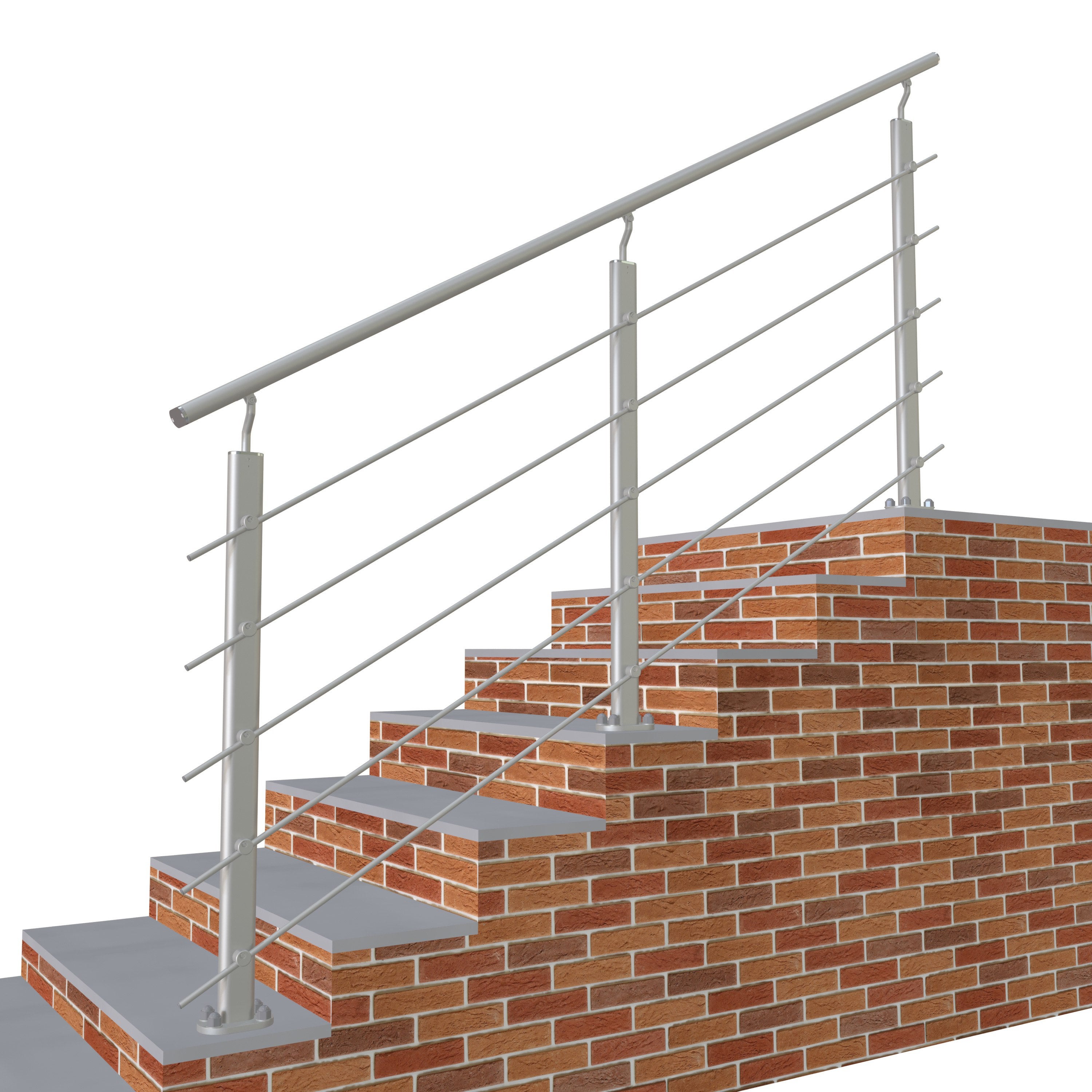 Garde-corps - Intérieur et extérieur - Aluminium argenté - Avec 5 traverses et 1 main courante - 200cm - Rampe d'escalier pose à plat - 2