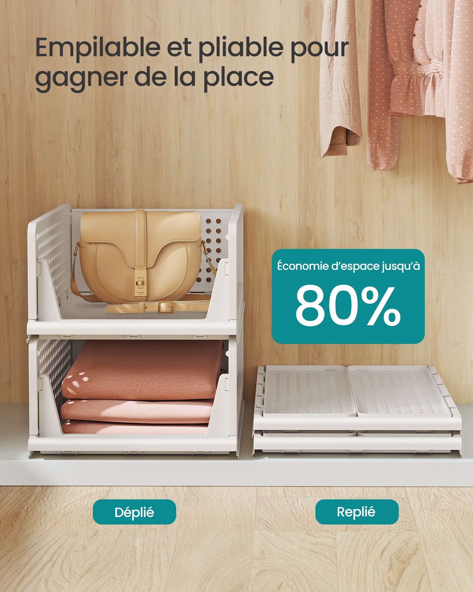 SONGMICS Organisateur d’Armoire Pliable, Tiroir Coulissant Empilable, Lot de 4, Blanc - 3