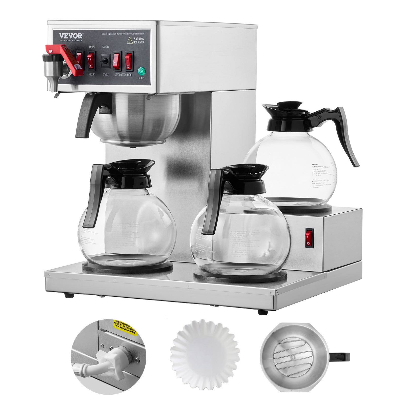 Cafetera filtro succebuy 12 tazas,3 jarras vidrio,3 placas calientes,acero inox,para restaurante,oficina,café