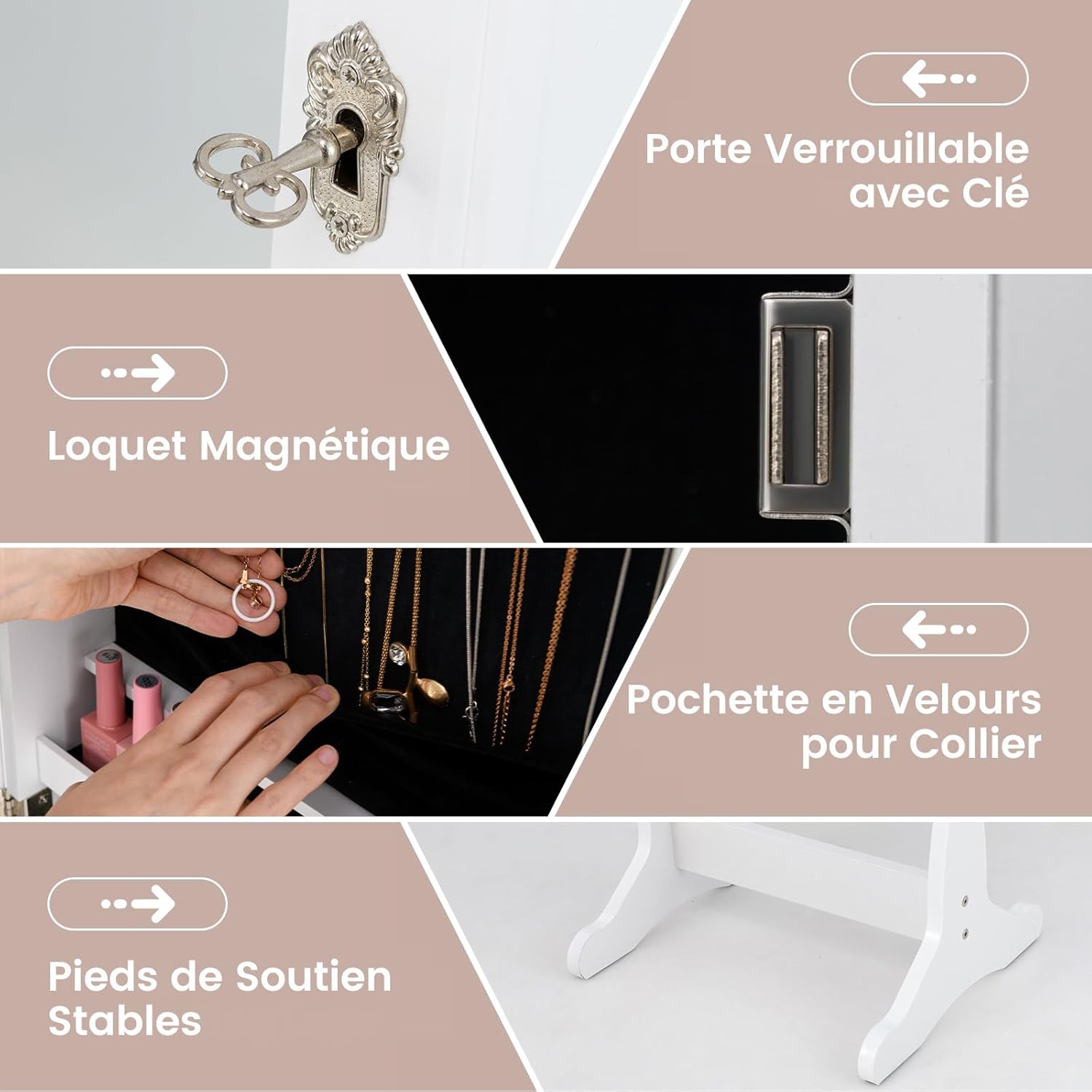 Armoire à Bijoux, Organisateur de Bijoux Debout avec Miroir Pleine Longueur, 4 Angles Inclinables Réglables, 5 Étagères et 2 Tiroirs (Blanc) - 3