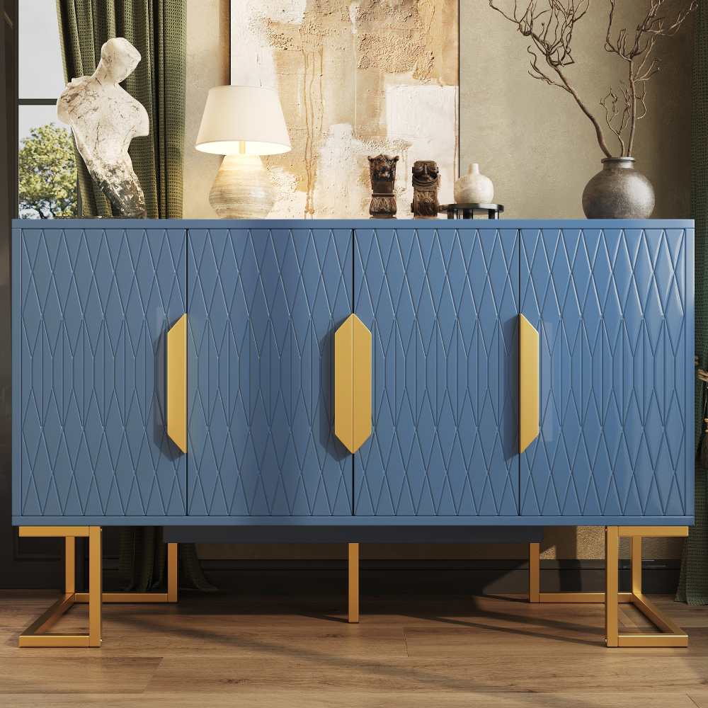 Nowoczesna szafka do przechowywania 140x40x80 cm, niebiesko-czarna, z 4 drzwiami, regulowanymi półkami i ergonomicznym blatem