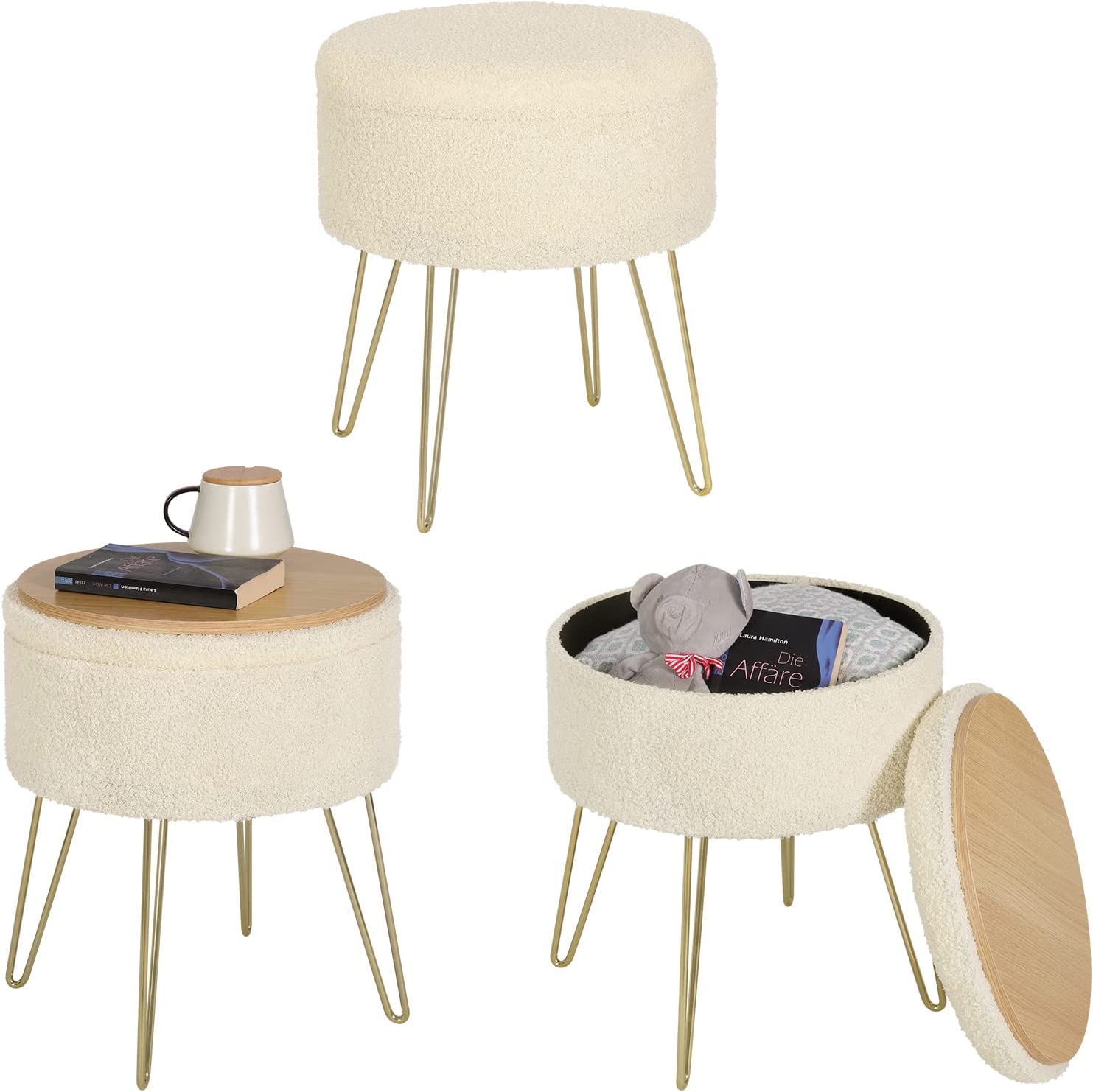WOLTU Pouf de Rangement rond，Tabouret Coiffeuse，pour Salon Chambre，Siège en Molleton Polaire avec Couvercle，Beige - 5