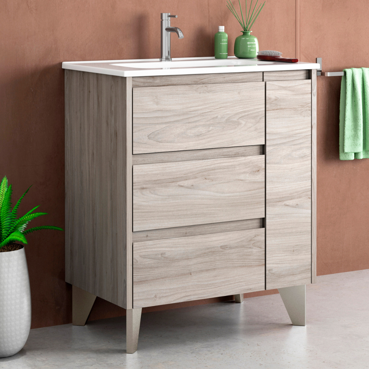 Armadio a pavimento bagno con lavandino e gambe in ceramica | 70cm | 3 cassetti 1 porta con chiusura imbottita e organizzatore | Pino grigio - 2