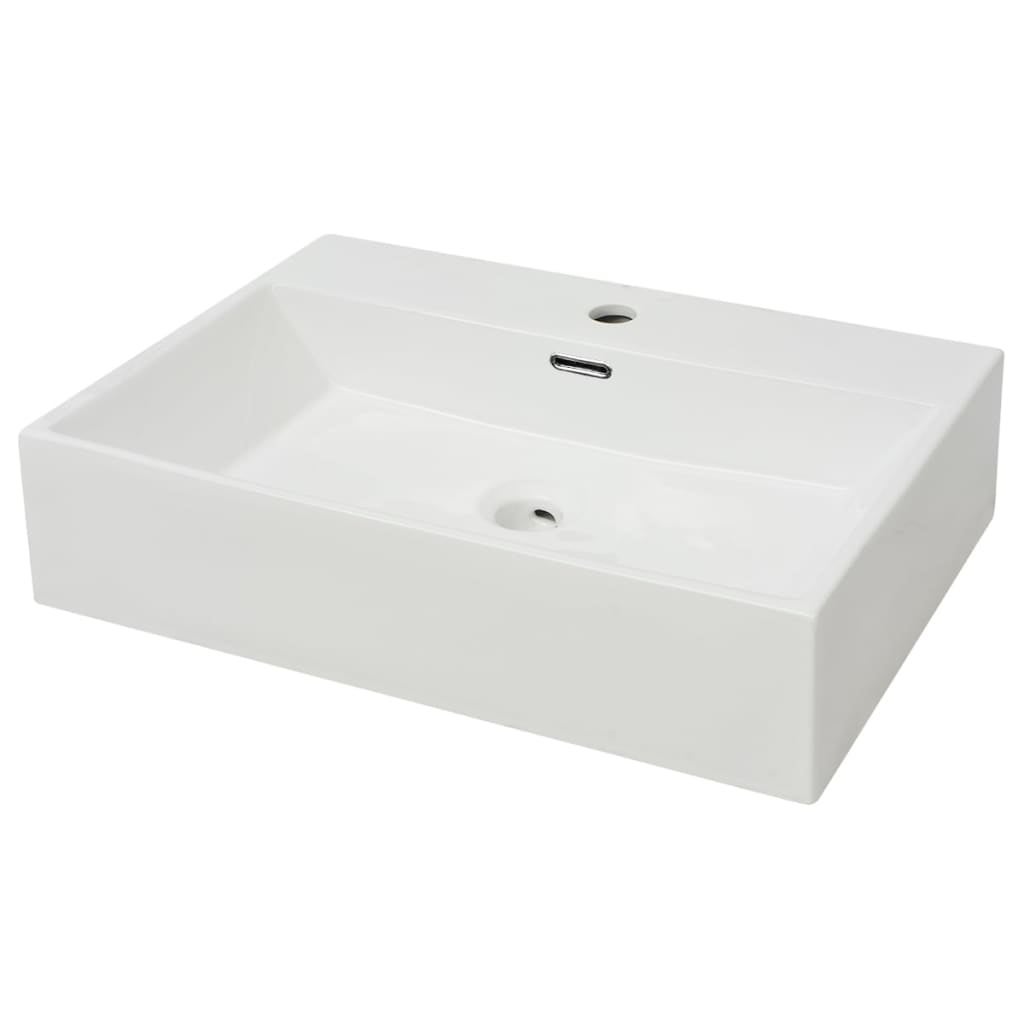 Lavabo In Ceramica Bianco - 46.5x32 Cm, Con Foro Rubinetto E Troppopieno, Per Bagno O Lavanderia