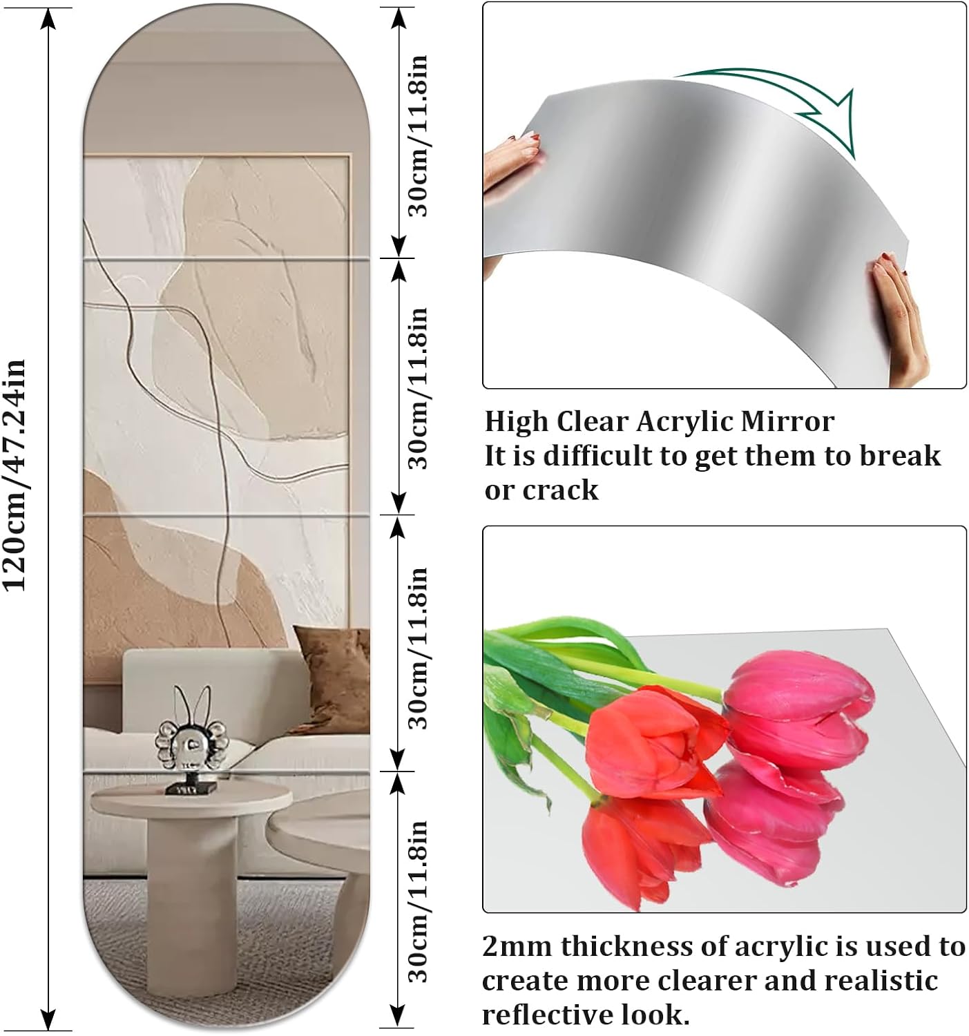 Stick On Mirrors 4pcs 30 x 30cm carreaux miroir autocollants, feuille de miroirs acryliques miroir long mur pour portes de garde-robe, mur - 2
