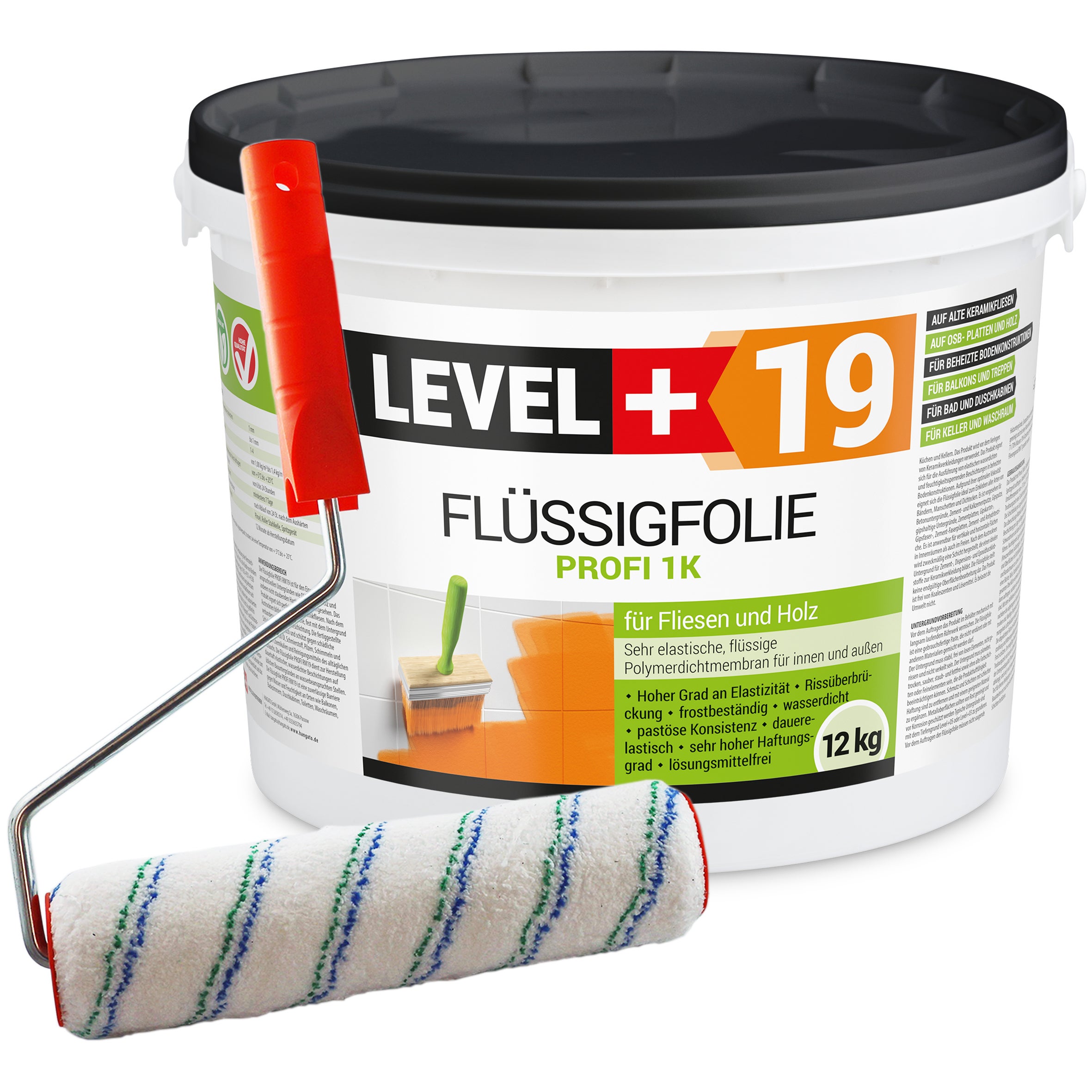 LEVEL+ Folia w Płynie Zewnętrzna FLÜSSIGFOLIE PROFI 1K L+19 - 12KG + Wałek Malarski 25cm
