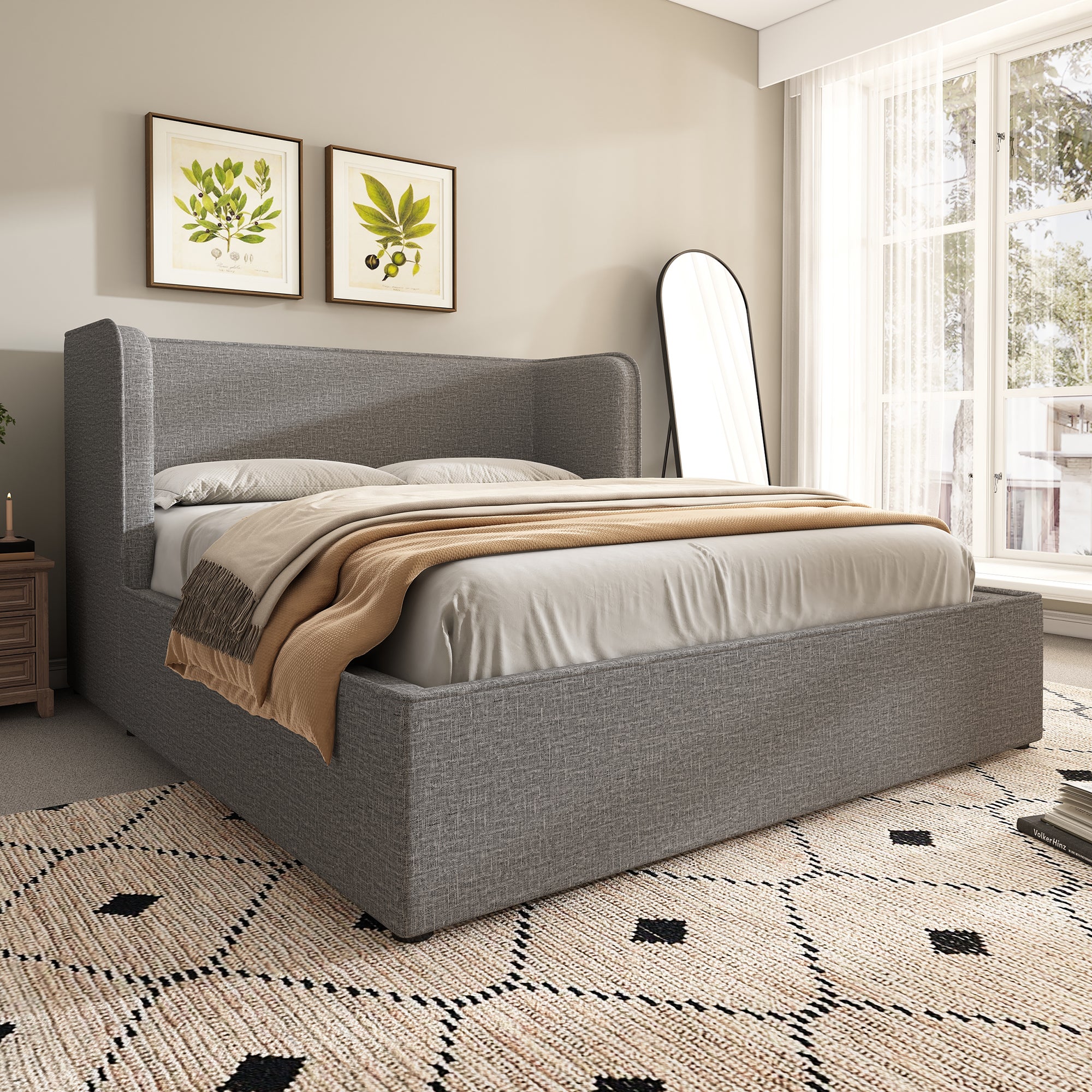 Letto Matrimoniale Imbottito 160x200 Cm Con Contenitore Idraulico, Testiera Con Ripiani, Luci LED E Porte USB, Velluto Beige (Senza Materasso)