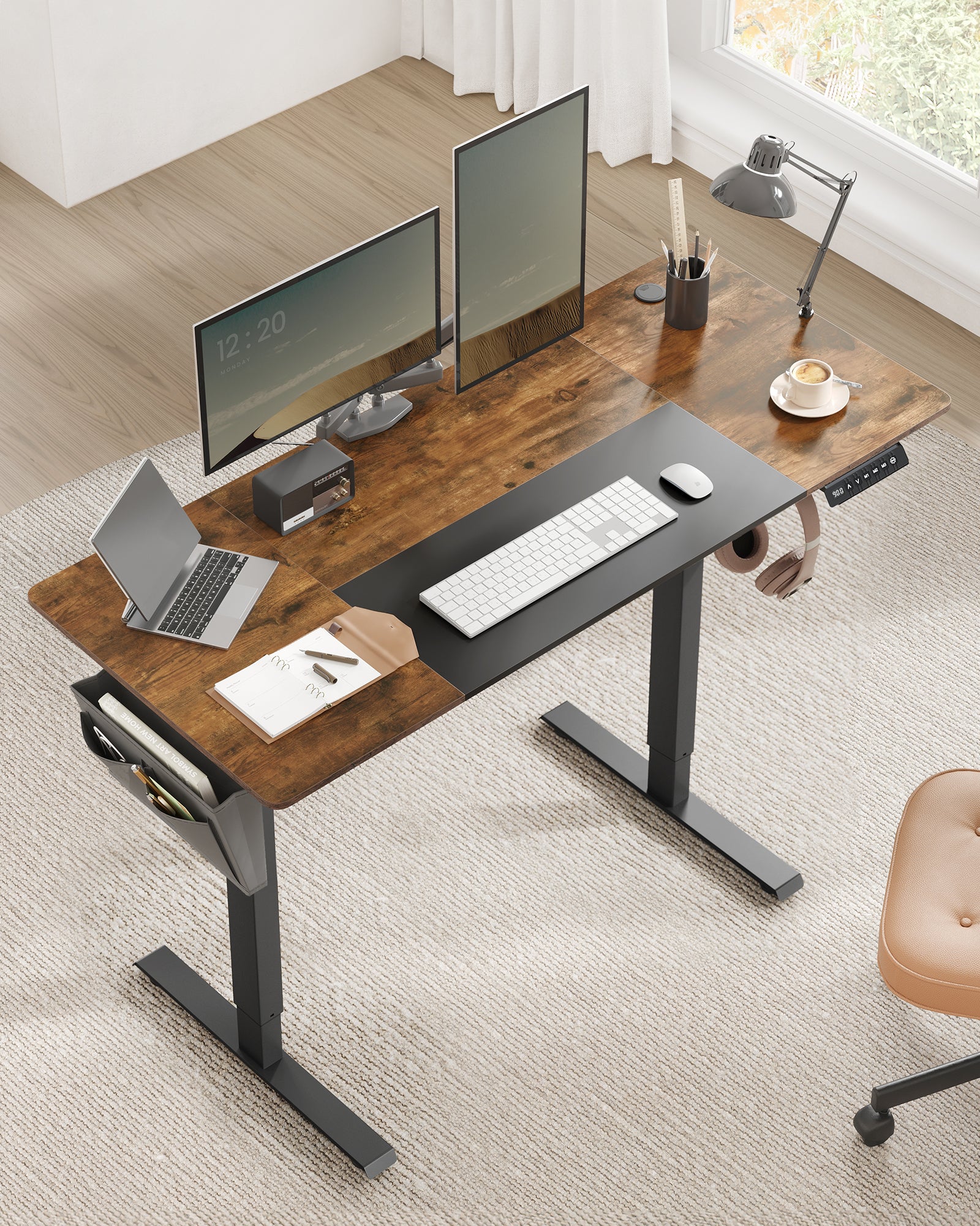 Bureau Assis Debout Électrique, 70 x 160 x (72-120) cm, Réglable en Hauteur, Pochette, Marron Rustique et Noir Pur - 7