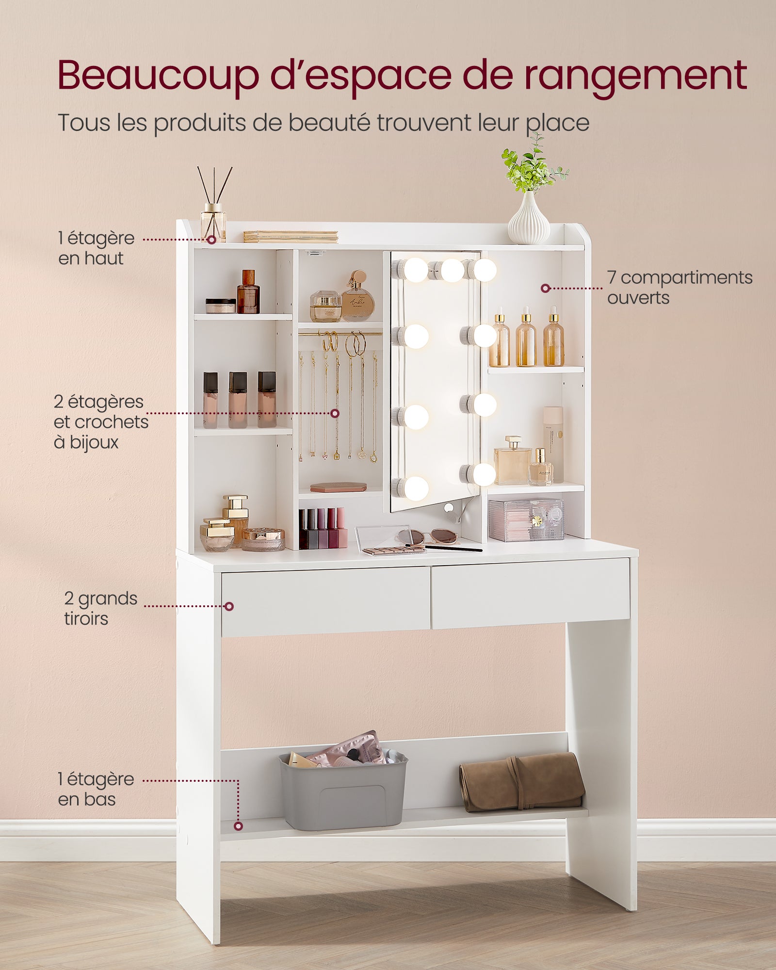 Coiffeuse avec 9 Lumières LED, 3 Tonalités et Luminosité Réglable, avec Miroir, Étagères Réglables, 2 Tiroirs, Blanc Nuage - 4