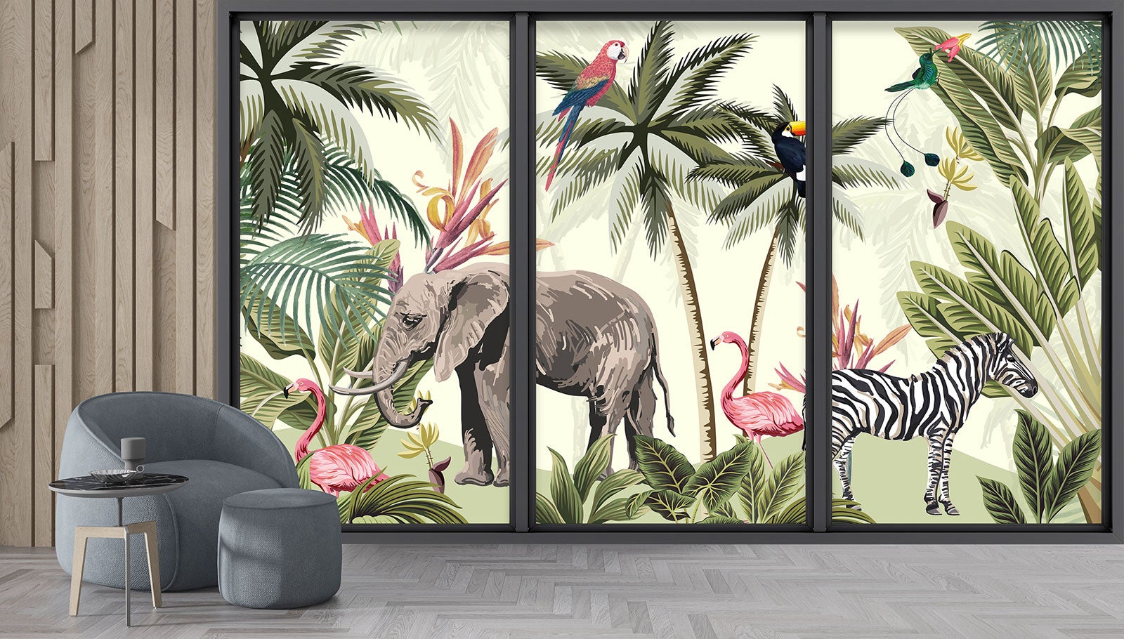 Papier peint panoramique Trompe l'oeil baie vitrée - Enfants - Animaux de la jungle - Largeur 325 cm x Hauteur 195 cm - 4