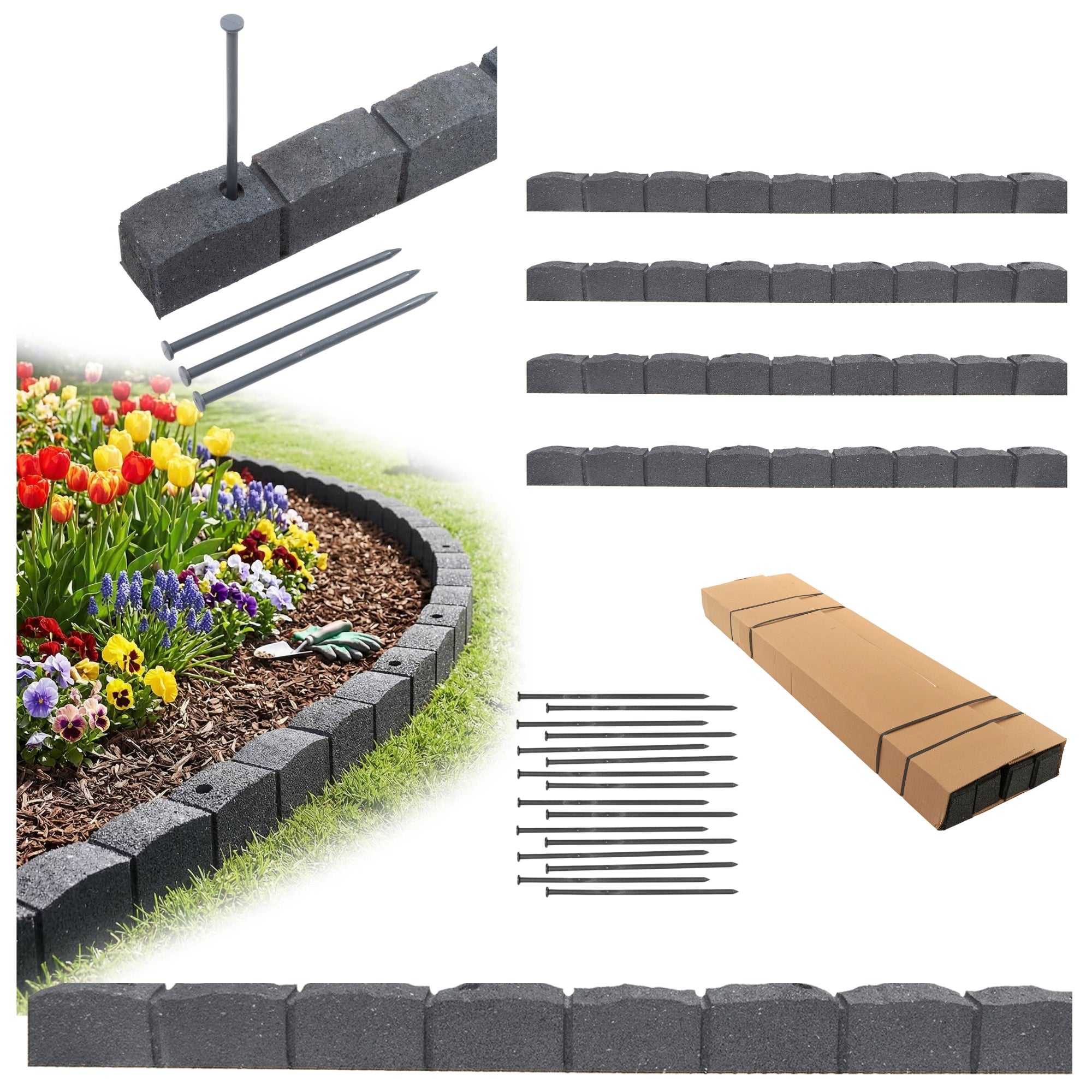 Obrzeże trawnikowe ogrodowe 4,8m zestaw 4szt 120x7x8 cm Roman Stone z zestawem montażowym 4x4 szpilki kolor szary