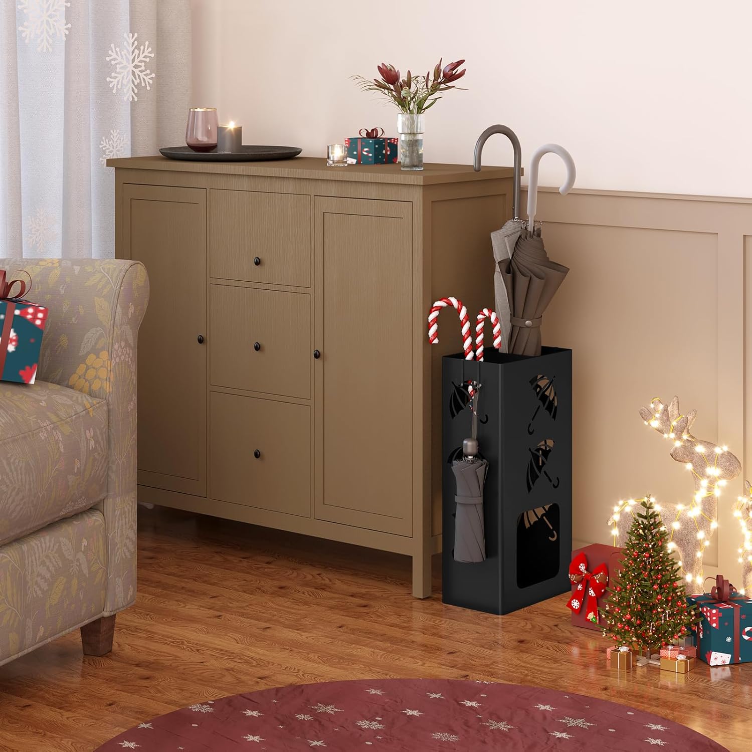 Porte-Parapluie avec 4 Crochets WOLTU, Porte-Parapluie avec 2 Zones Séparées, en Métal Antirouille, Noir - 2