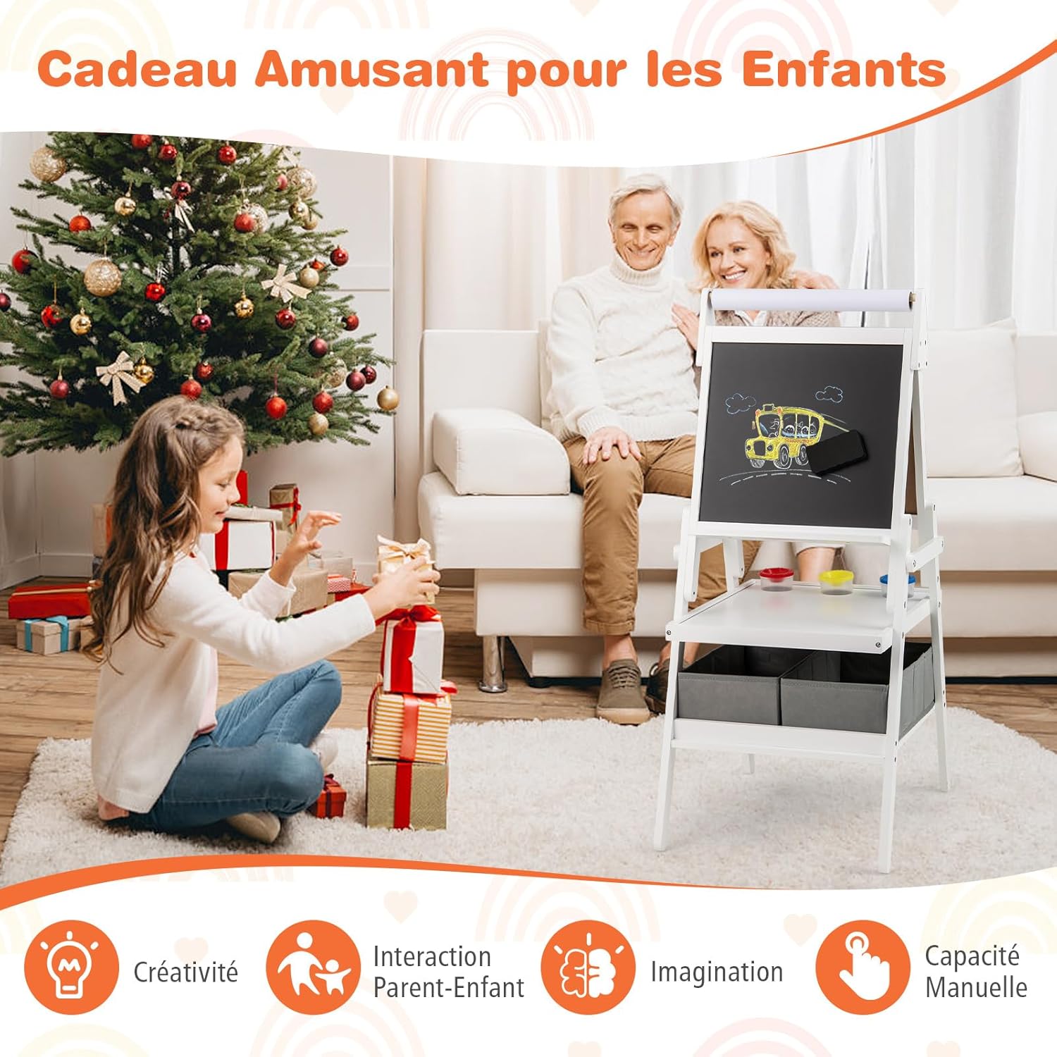 Tableau Enfant Double Face 3 en 1, Chevalet Enfant avec Tableau Blanc Noir et Rouleau de Papier, Chevalet Peinture en Bois, pour 3 à 6 Ans (Blanc) - 5