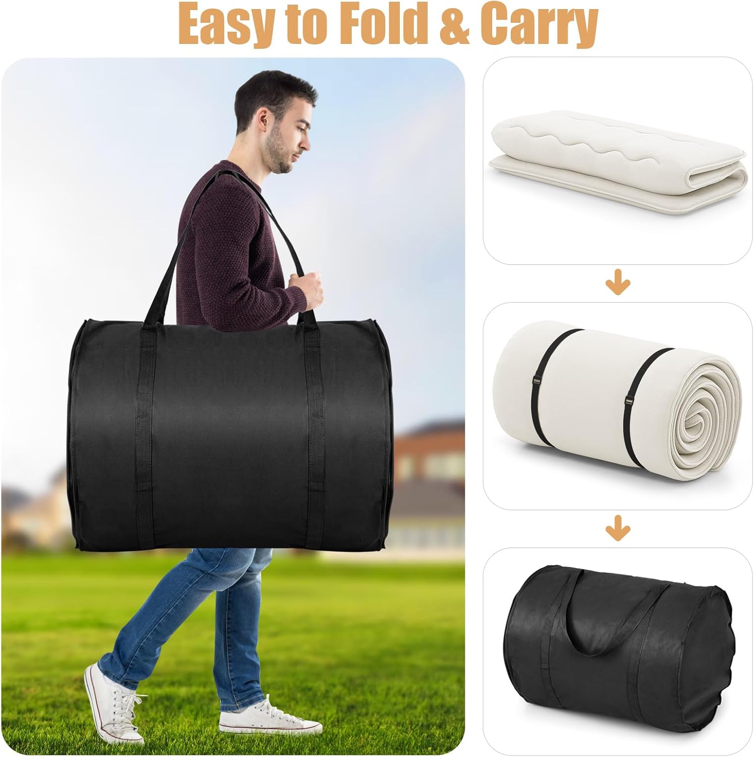 Colchão Futon Japonês para 2 Pessoas 140x200cm, Cama de Dormir Dobrável e Portátil no Chão com Bolsa de Transporte para Campismo, Viagem, Bege - 7