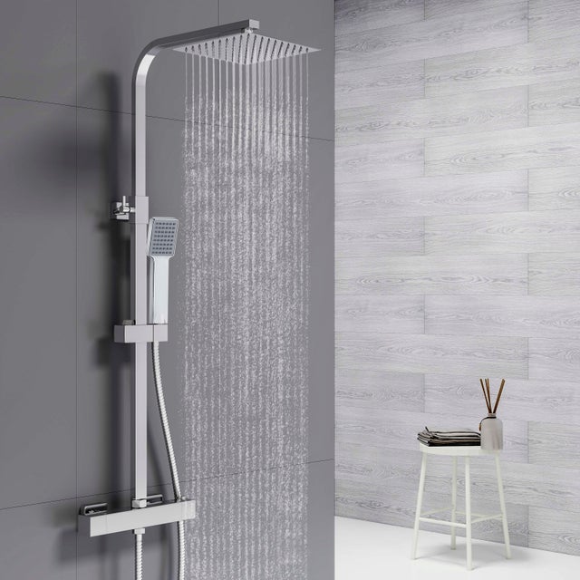 AICA Colonne de douche thermostatique réglable avec pommeau de douche de tête et douchette à main, finition chromée
