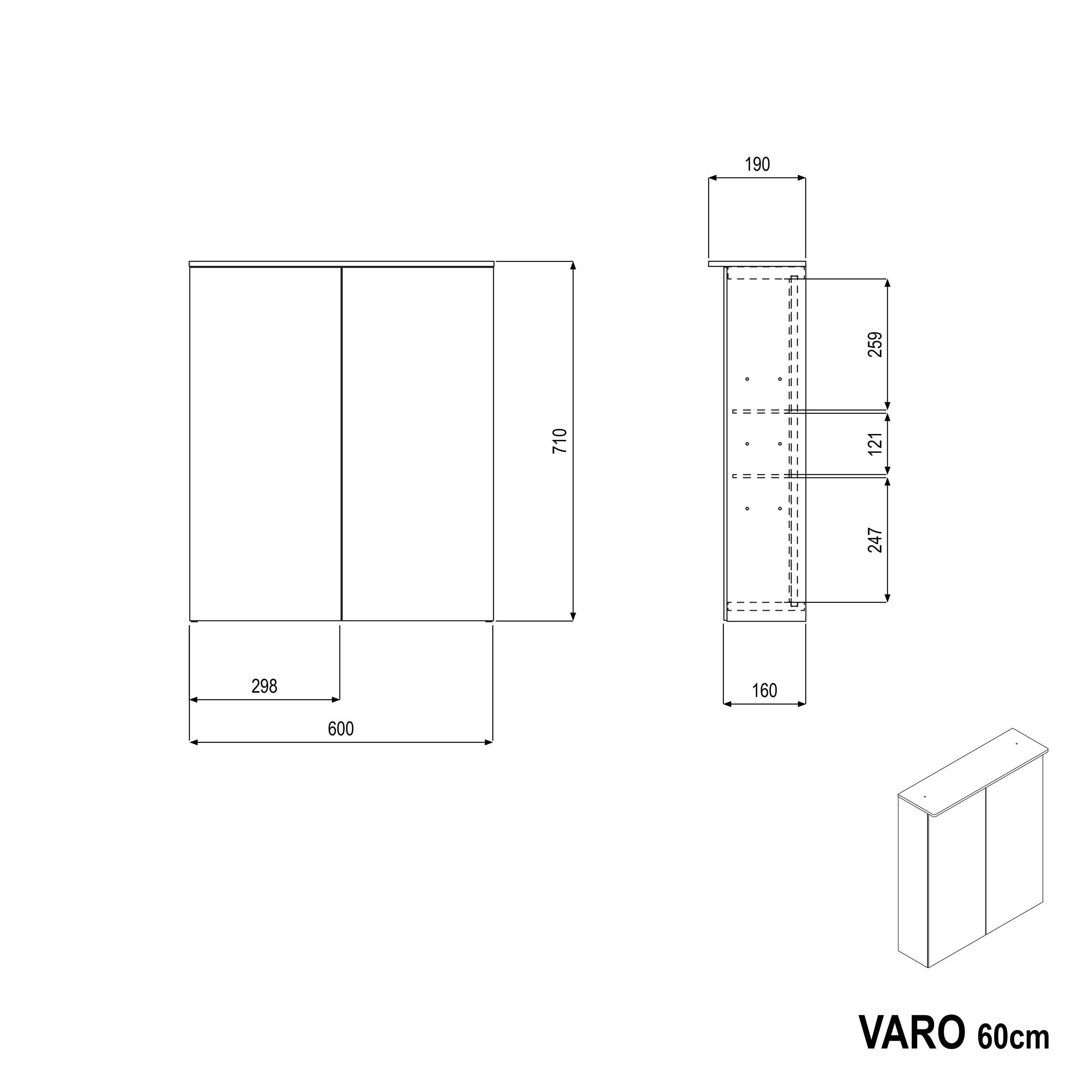 BERNSTEIN - Armoire de toilette MFC 2 portes miroirs, éclairage LED, prise de courant intérieure et 2 tablettes verre - 60x71x19cm (LxHxP) - VARO - 6