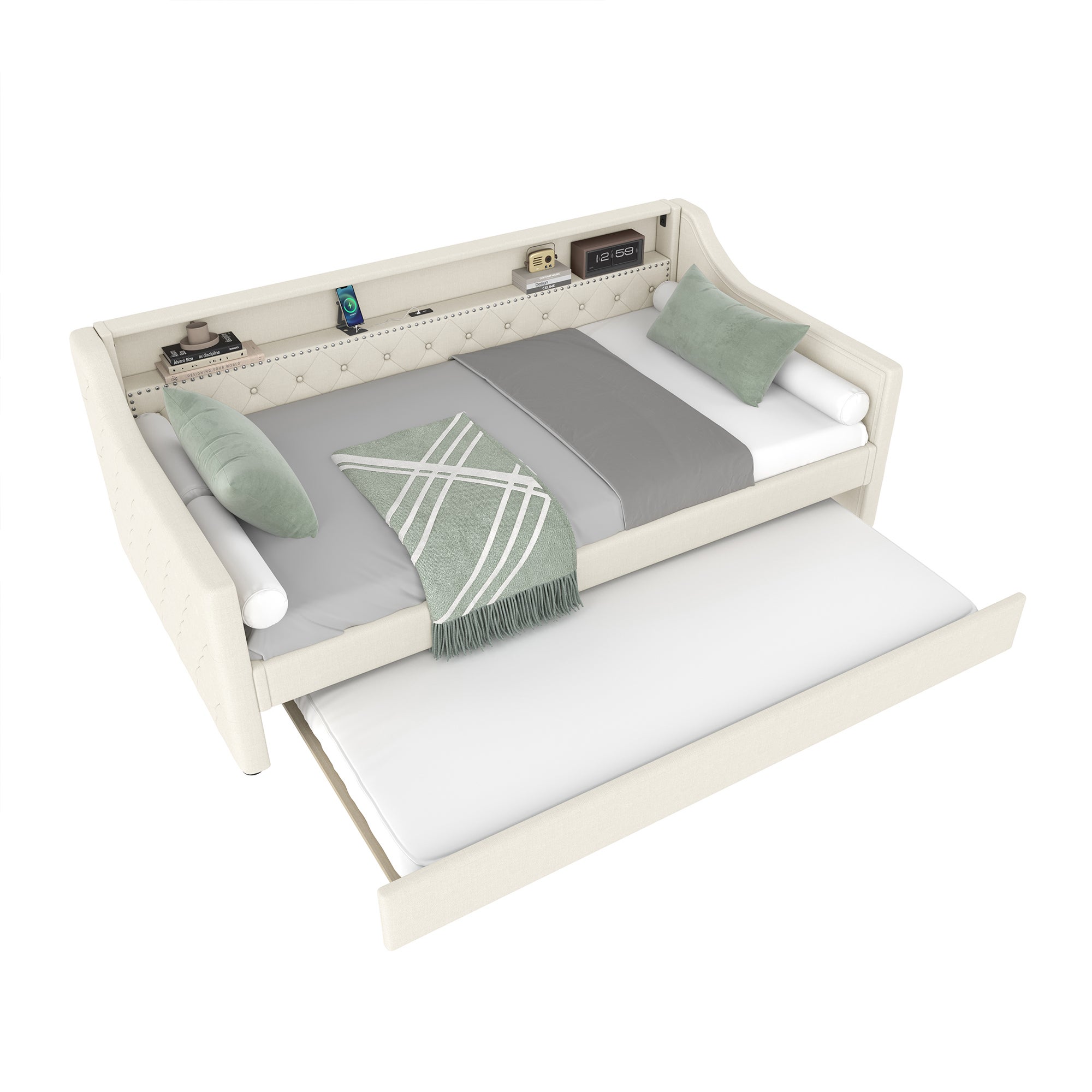 Sofa rozkładana 90 x 200 cm - z oświetleniem LED - z wysuwanym łóżkiem - z USB - pościel - z podstawą - kolor beżowy - 6