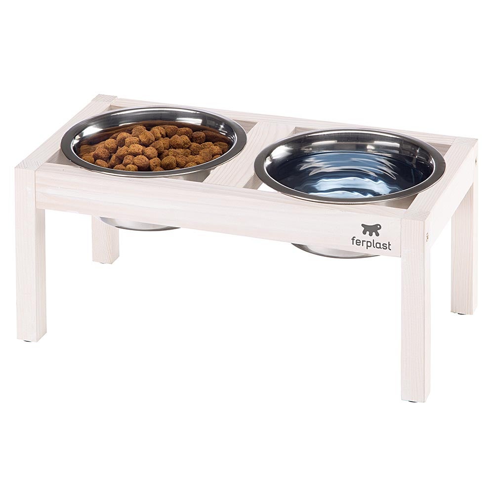 Ferplast Desco Wood Porta Ciotola per Cani con 2 Ciotole in Acciaio Inossidabile - Elegante Ciotola per Acqua e Cibo per Cani in Legno Rialzata, - 2