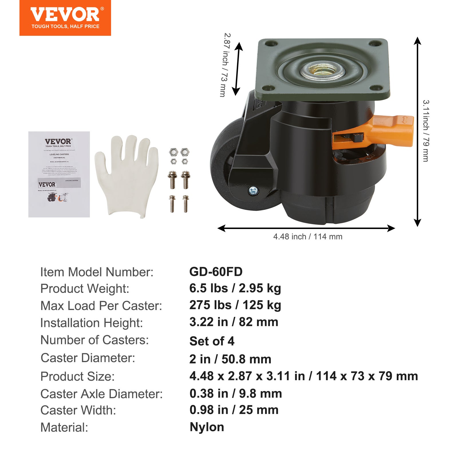 Roulettes Pivotantes Nivelables 4PCS VEVOR, Charge 500 kg, Ø50,8 mm, Poignée Renforcée, Pieds Réglables pour Meubles, Établis, Équipements Lourds - 7