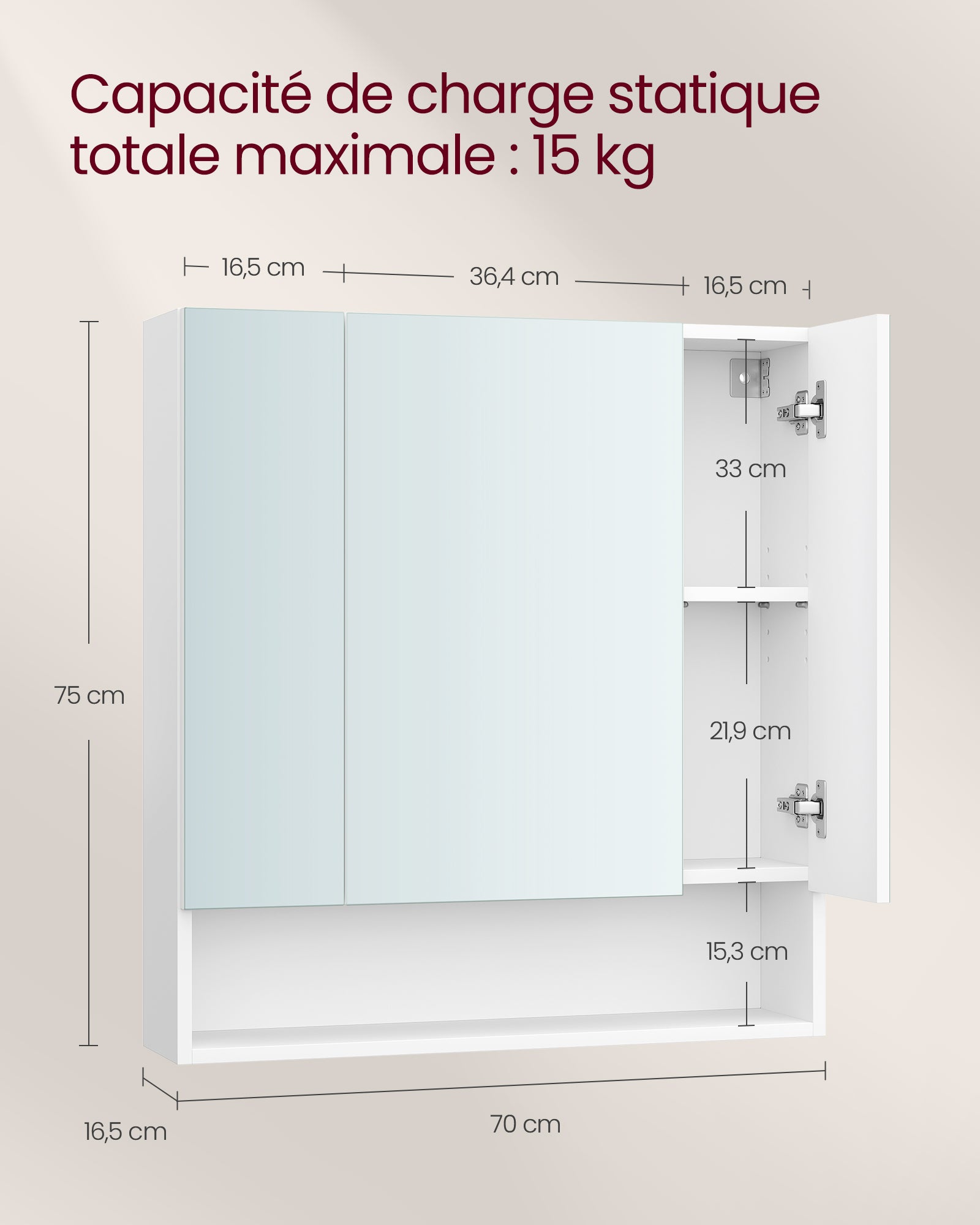 Armoire de Salle de Bain avec Portes Miroir, Armoire Murale à Miroir, Compartiment Ouvert, Étagères Réglables, 16,5 x 70 x 75 cm, Blanc Nuage - 5