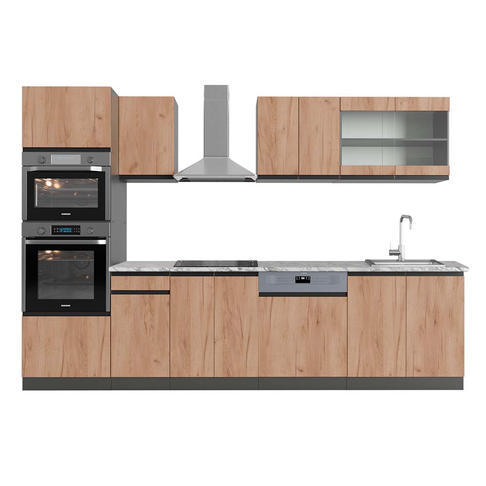 Vicco Aneks kuchenny R-Line, Złoty dąb power/antracyt, 300 cm J-Shape z wysoką szafką, BP Marmur