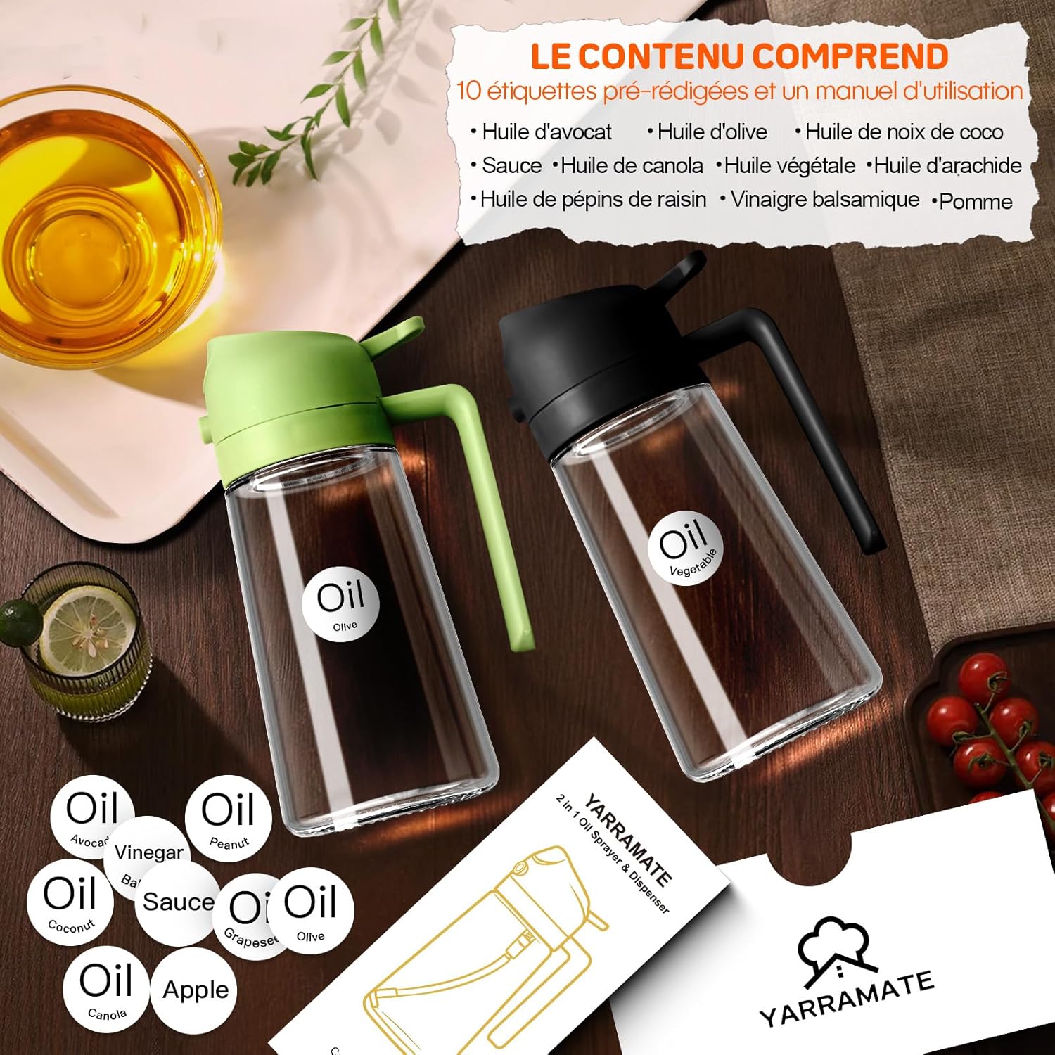Spruzzatore Per Olio 2 In 1 – Bottiglia In Vetro Da 500 Ml, Erogatore Per Olio D'oliva, Spray Per Cucina E Barbecue, Senza BPA