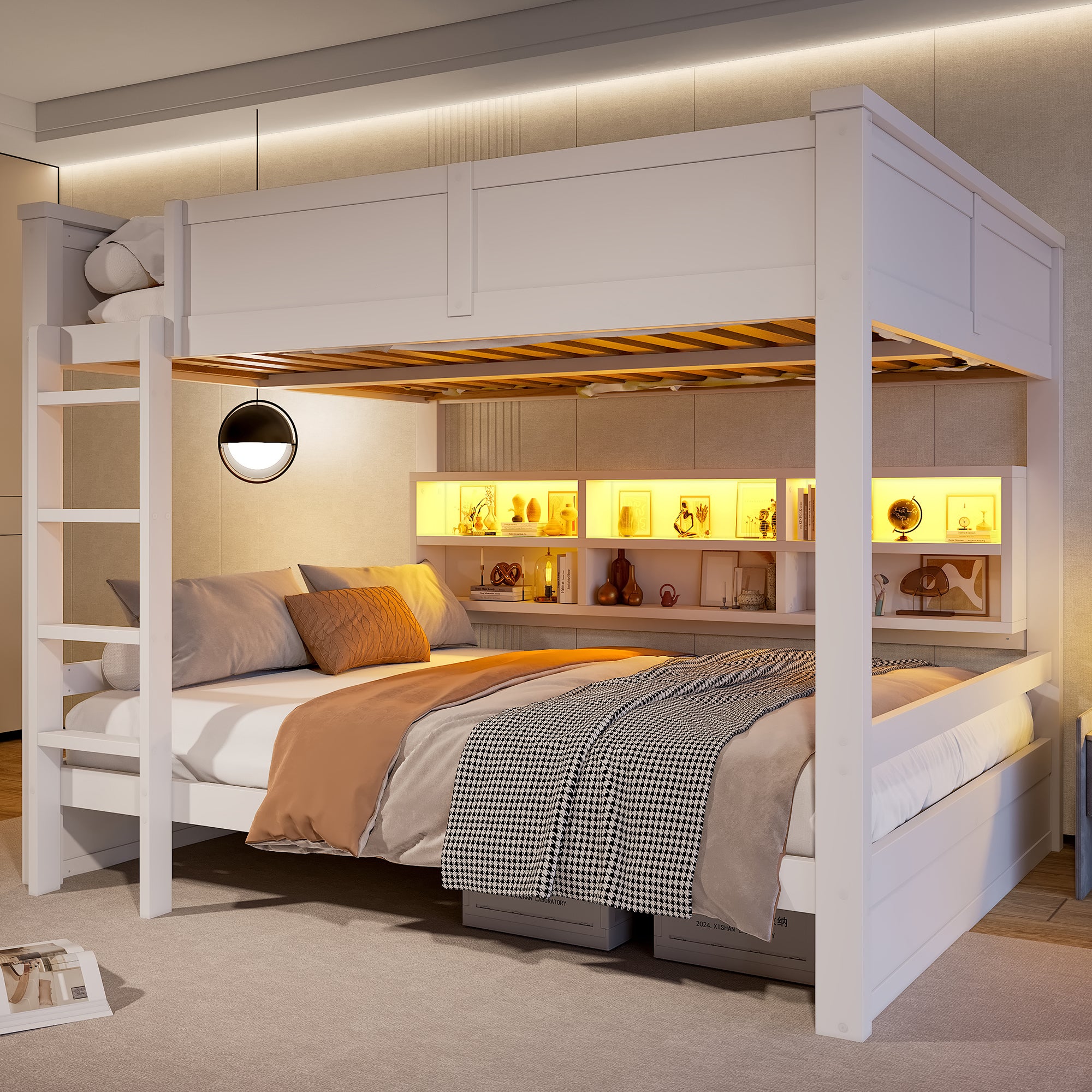 Łóżka piętrowe 2 x 160 x 200 cm z 6 przegrodami - sosna + płyta MDF - diody LED - stelaż z listew - kolor biały (materac nie jest wliczony w cenę)