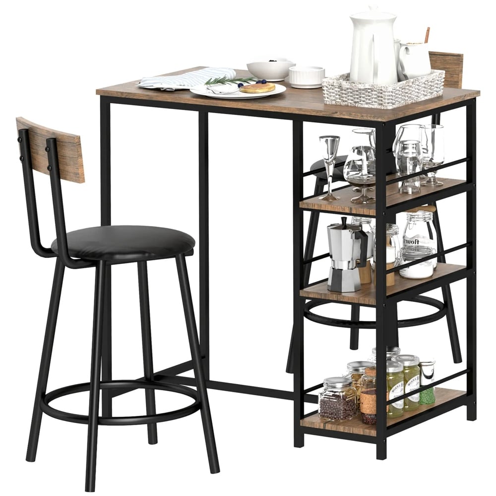 3-częściowy zestaw jadalny ze stołem barowym i 2 krzesłami, mały zestaw kuchenny z półkami bocznymi, płyta MDF, metal, kolor czarny