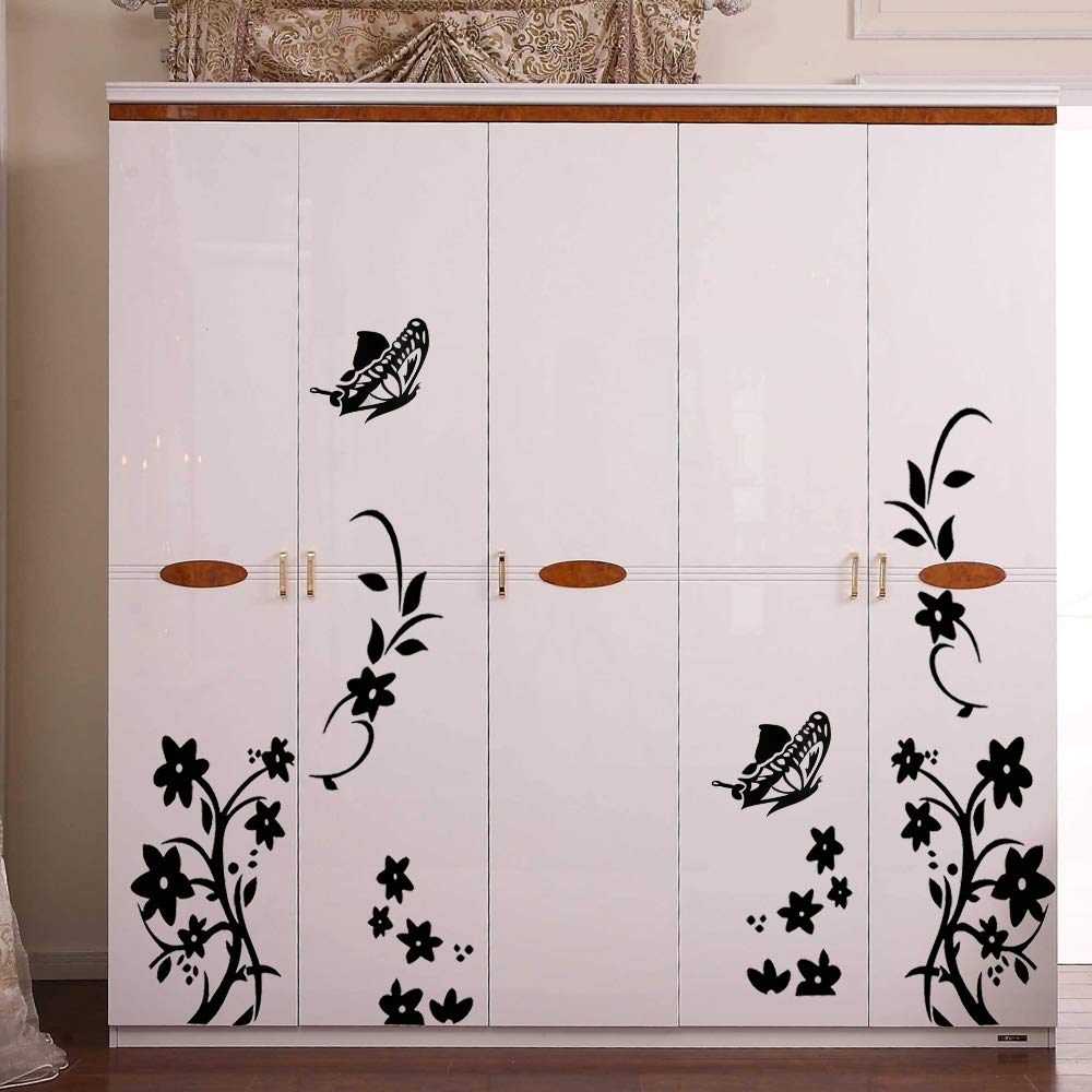 Lot de 2 stickers muraux, papillons et fleurs, noirs, autocollants ...
