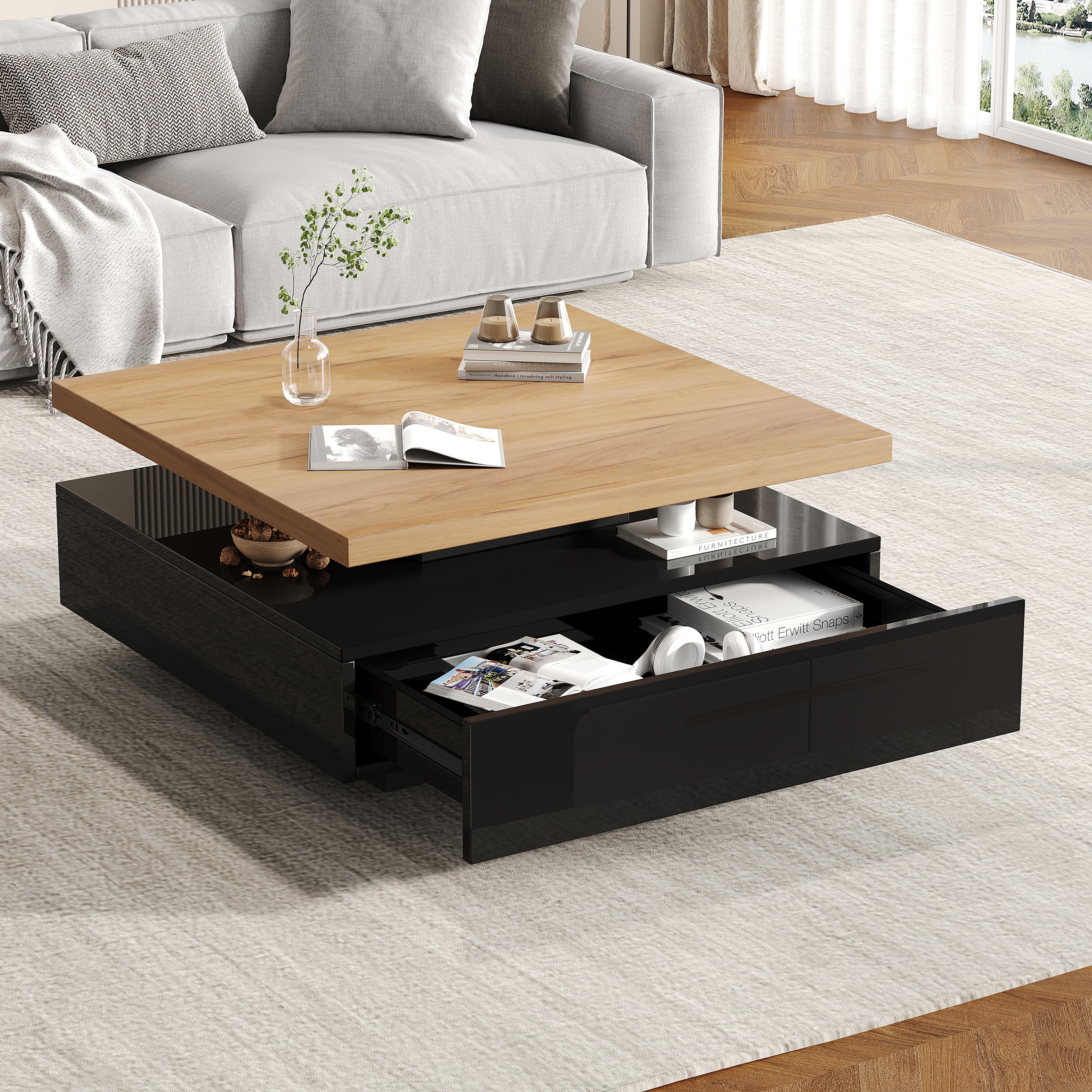 Stolik kawowy kwadratowy z obrotowym blatem i 1 szufladą - 70 x 70 x 36 cm - Płyta wiórowa - Drewno naturalne i czerń - 2