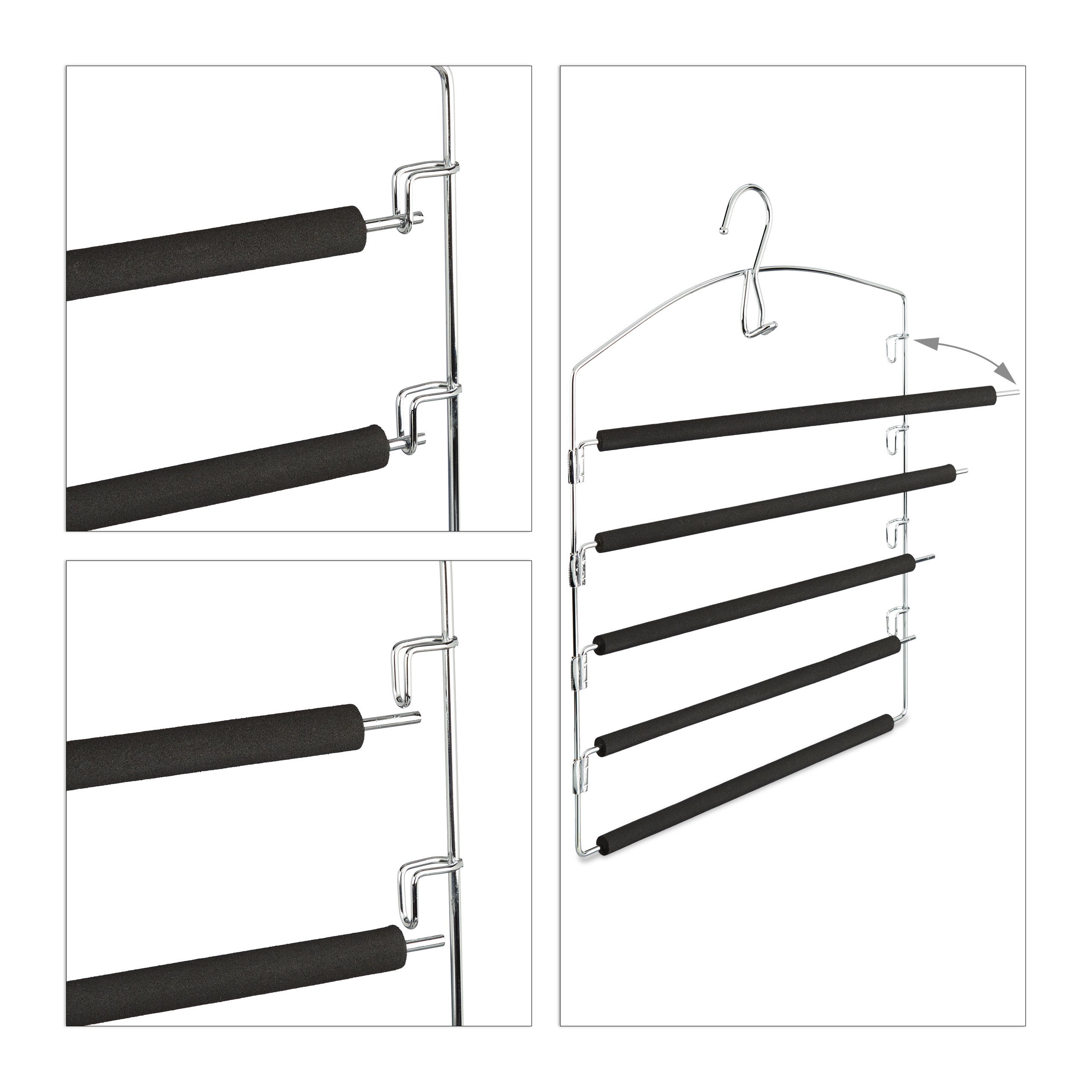 12x Cintre multiple en métal peu encombrant rembourré pour robes pantalons HxlxP: 44,5 x 37 x 2,7 cm, argent/noir - 6