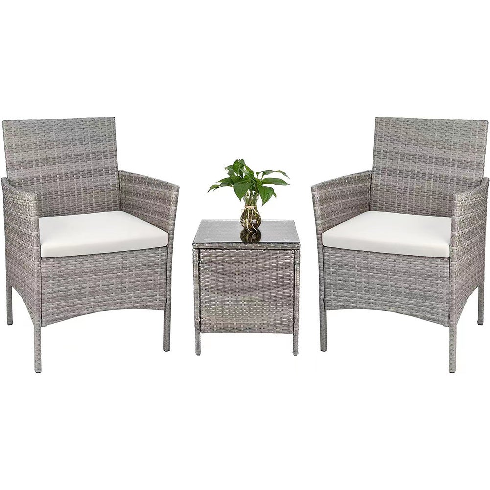 Set Giardino 2 Poltrone + Tavolino Effetto Rattan, Colore Antracite, Con Cuscini Beige