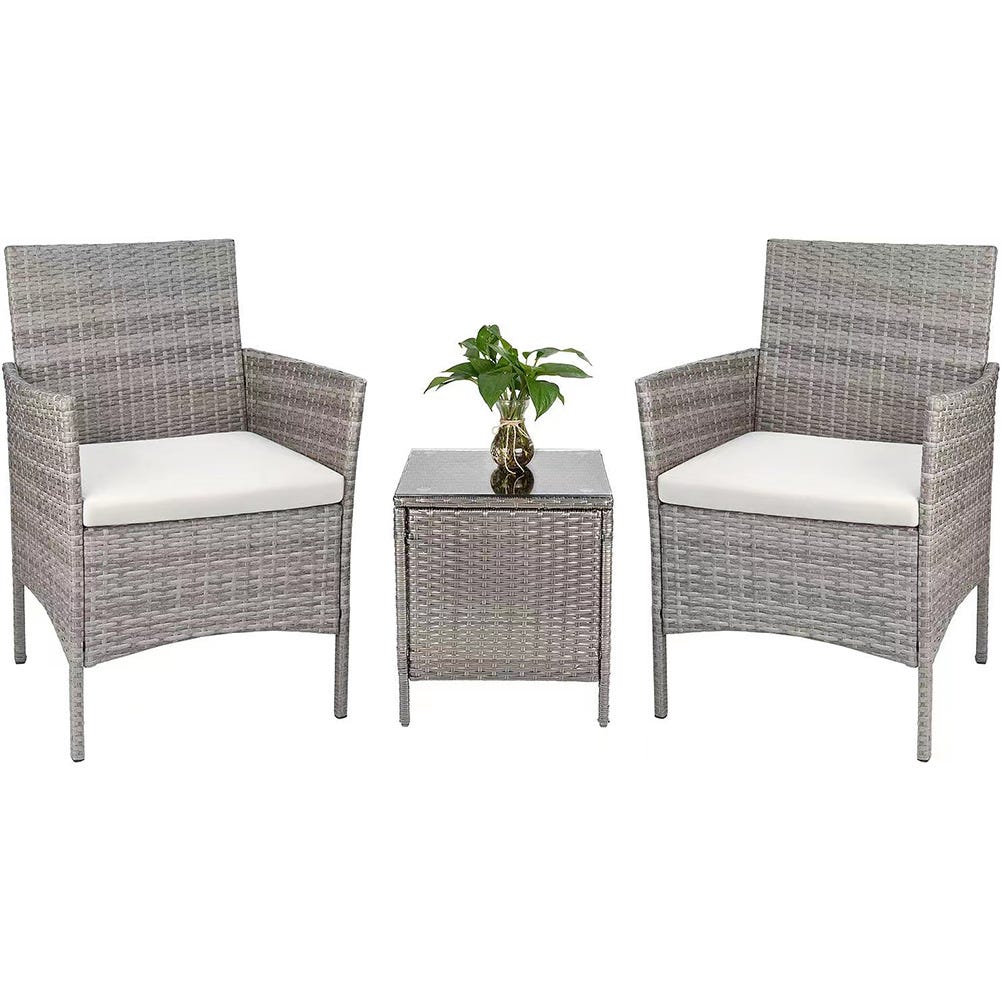 Set Giardino 2 Poltrone + Tavolino Effetto Rattan, Colore Antracite, Con Cuscini Beige