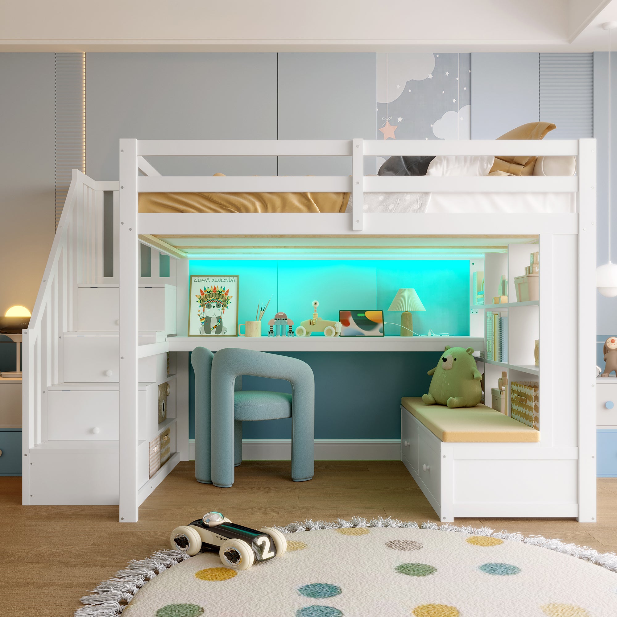 Lit Mezzanine enfant 2 place 140x200 cm, lit superposé en bois avec bureau intégré - escalier de rangement - 2 Grands Tiroirs - Éclairage LED, Blanc - 2