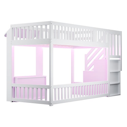 Lit superposé Enfant 90X200 avec armoire et LED, Lit mezzanine avec escalier de rangement et sommier à lattes, Blanc(Sans Matelas) - 9