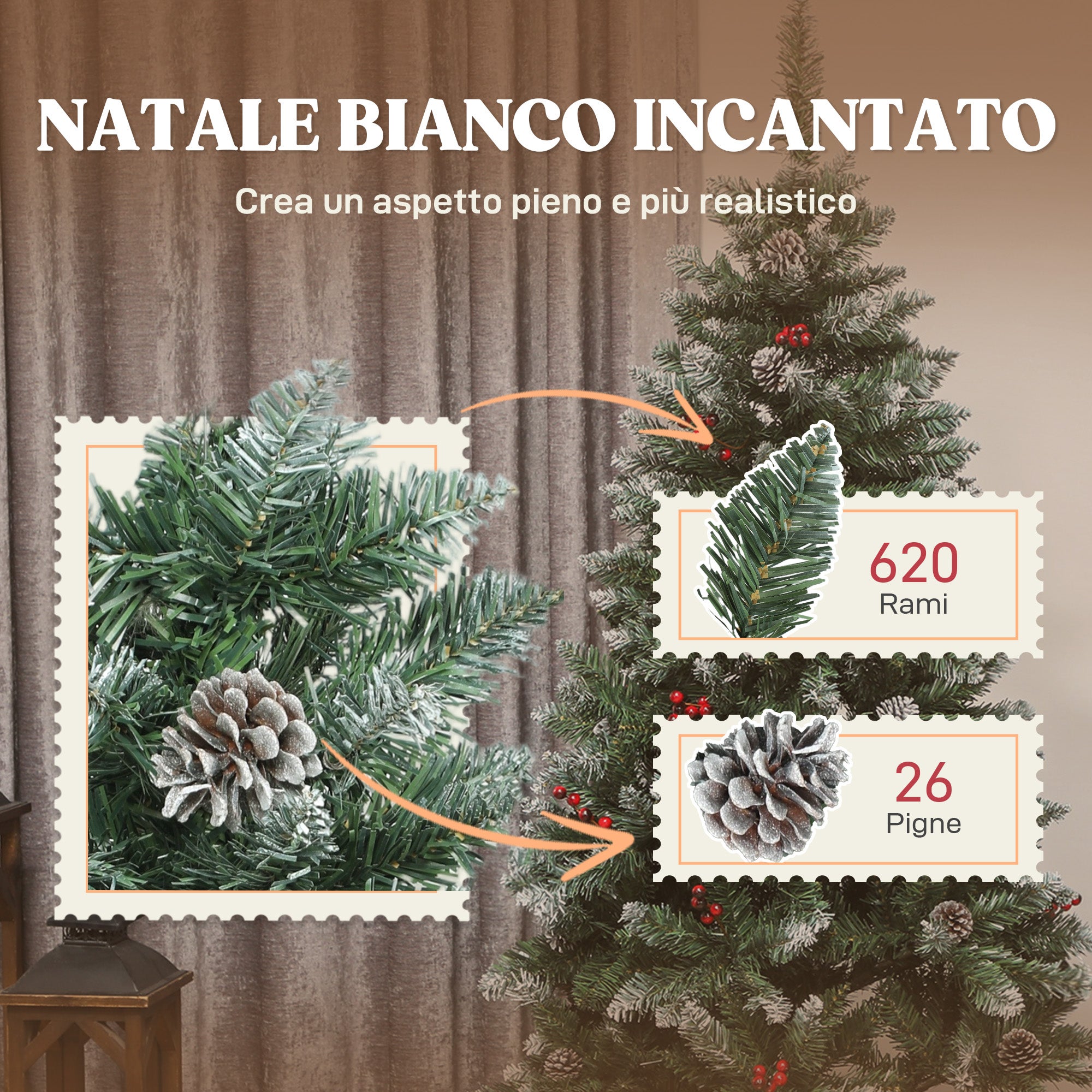 HOMCOM Albero di Natale Alto 180 cm da Interno con 620 Rami, Pigne e Bacche Rosse, Base in Metallo, Verde - 5