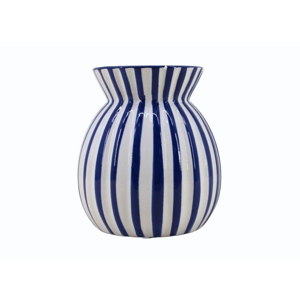 Vase céramique à rayures bleues en relief, H19cm - Ornami - 4