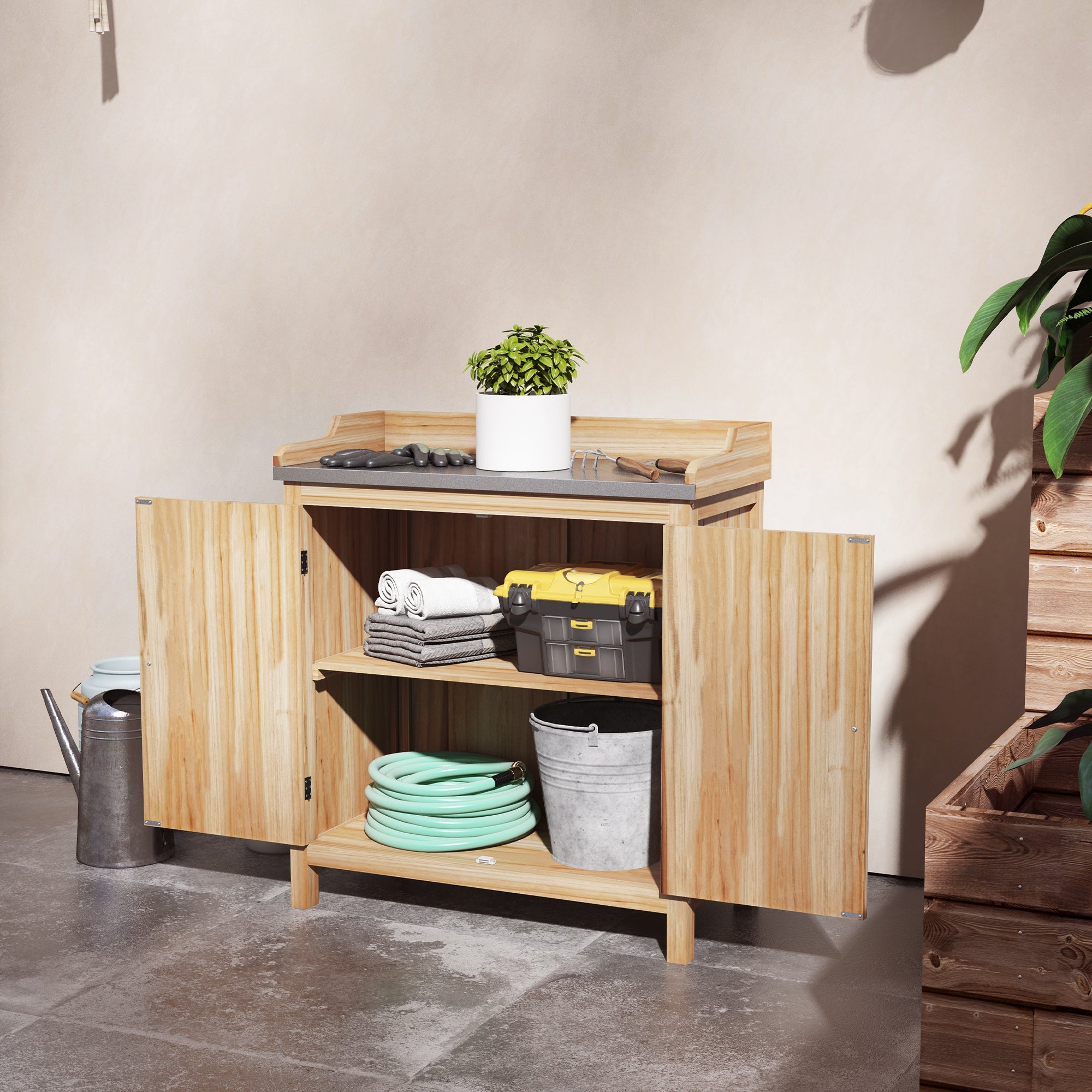Table de rempotage armoire de rangement avec 2 étagères, plateau galvanisé patins antidérapants en bois sapin - 3