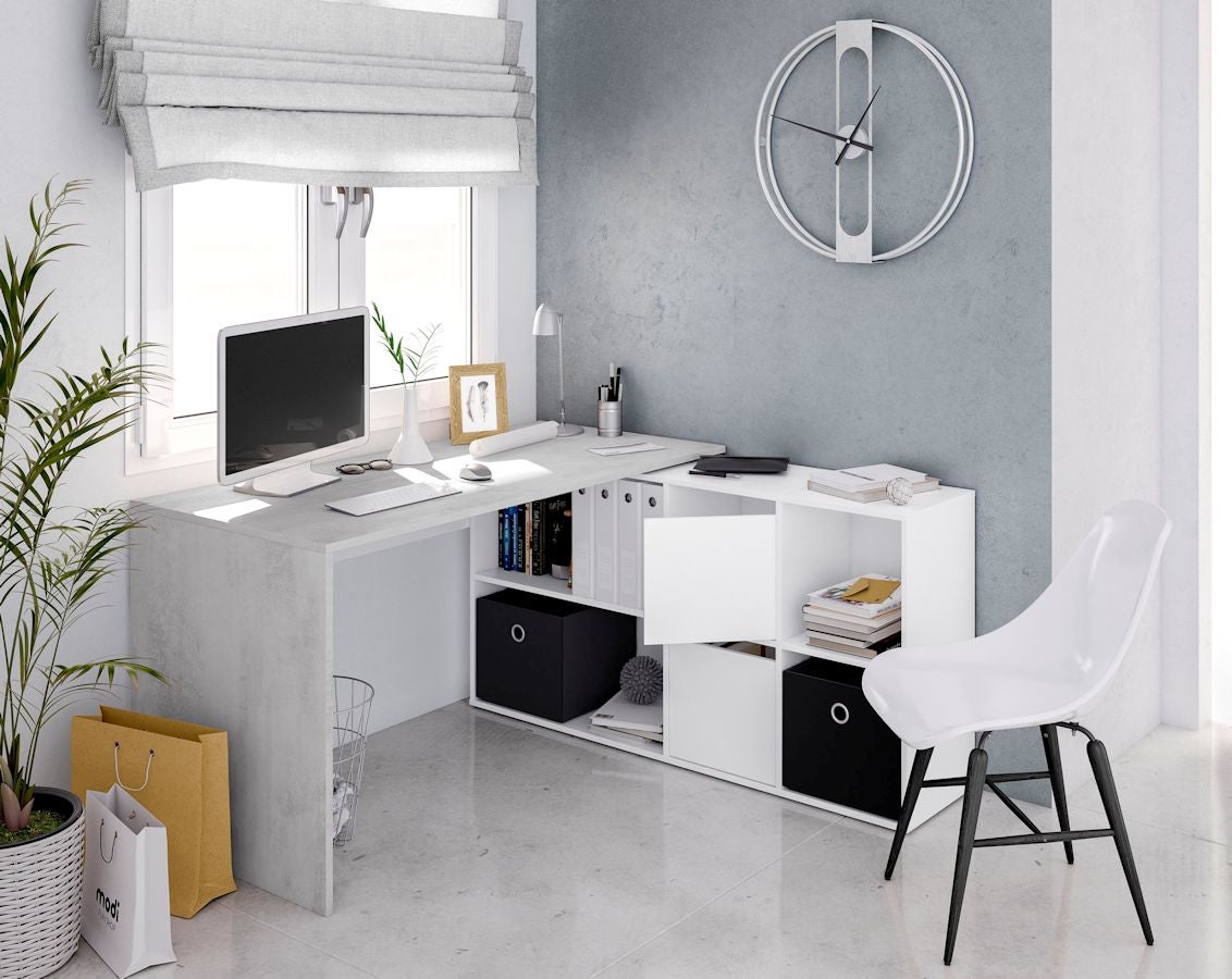 Bureau MARION avec caissons multipositions - Blanc / Béton - 3