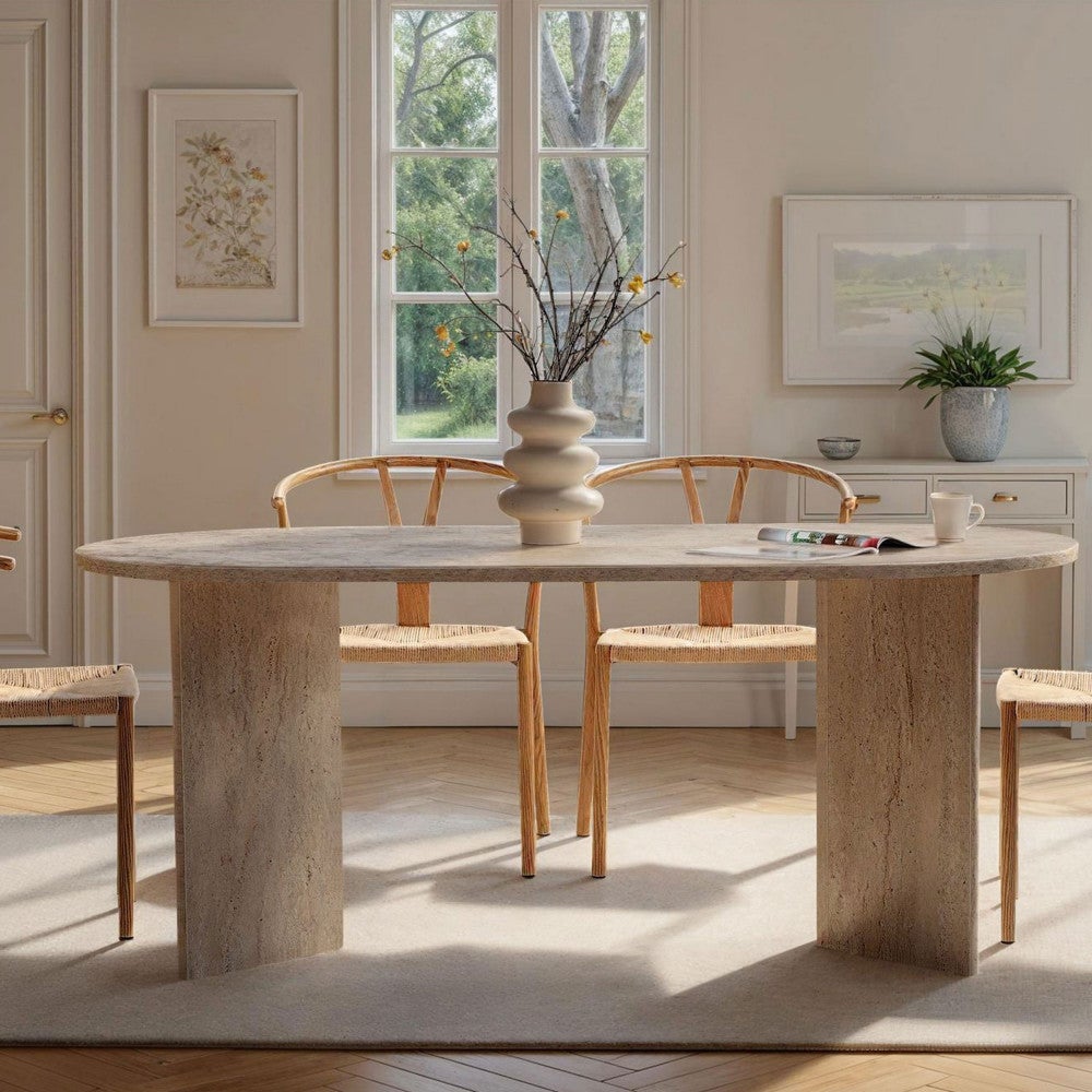 Sam - Table à manger 8 personnes effet travertin - Beige - 5