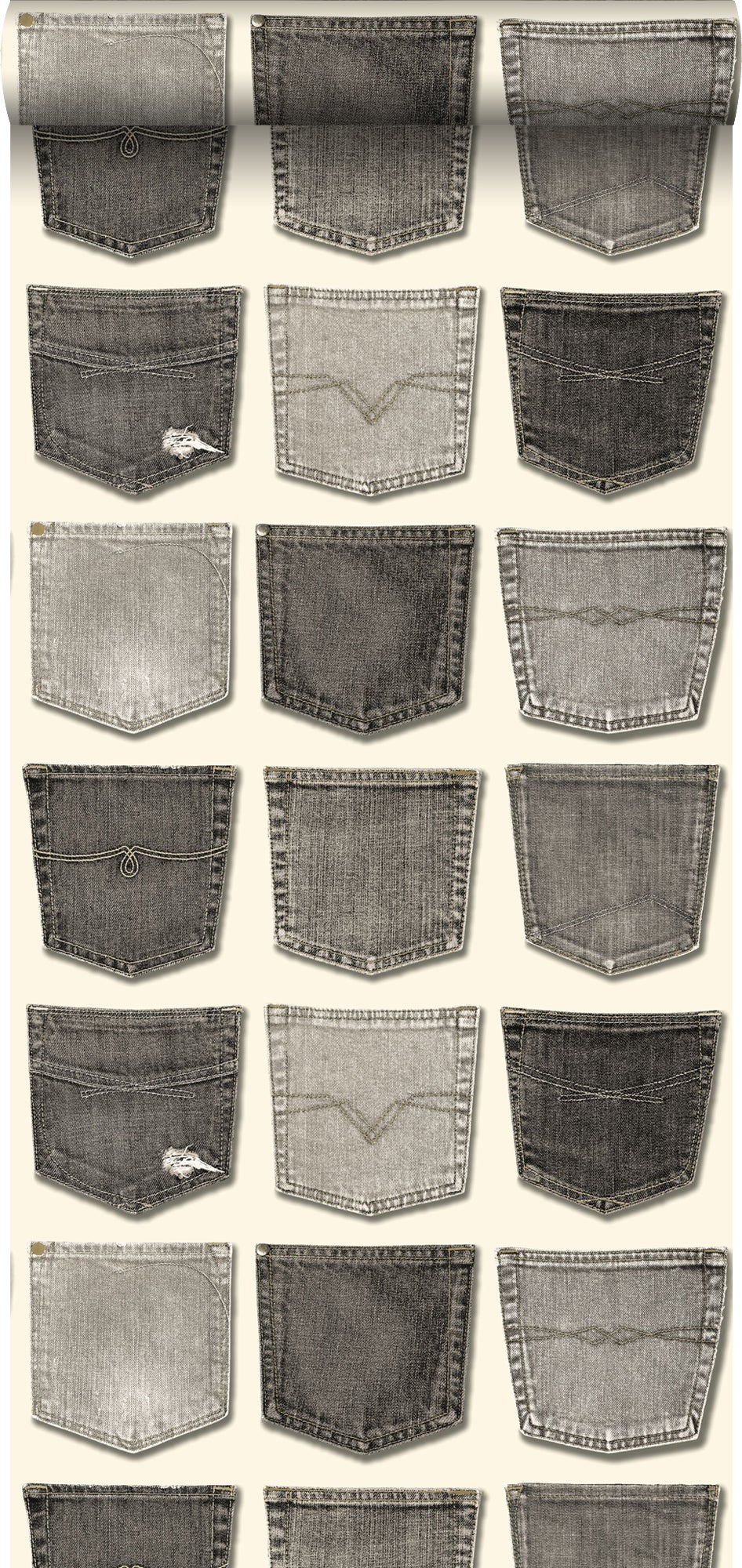 Tapeta kieszenie w jeansach szarym - 53 cm x 10.05 m - ESTAHOME