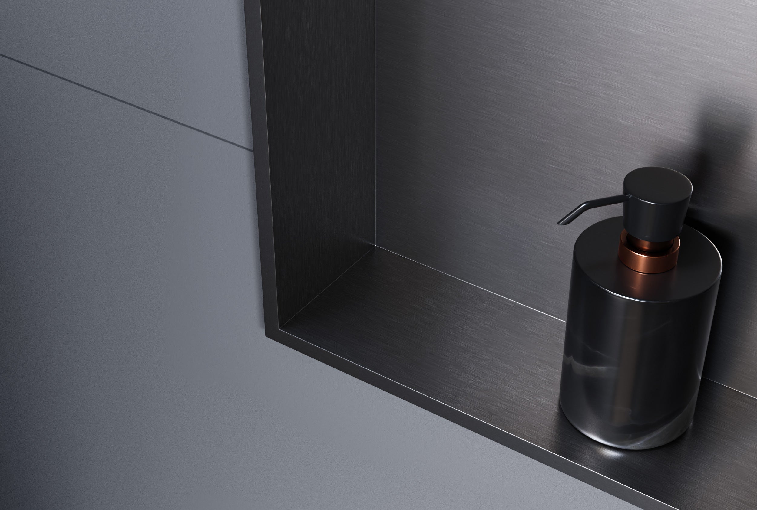 BERNSTEIN - Niche murale douche acier inox + 3 Spots LED, étagère douche encastrable - 30x90x10cm (HxLxP) - Gun métal, 3x Spot Cadre Chrome - 2