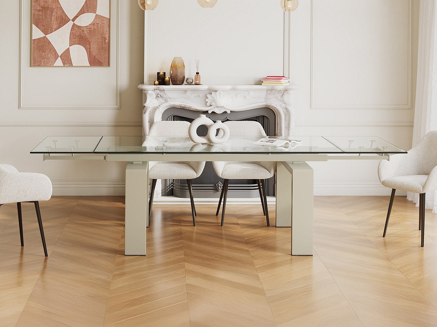 Rozkładany stół jadalniany dla 8-10 osób ze szkła hartowanego i beżowego metalu - Przezroczysty - LUBANA