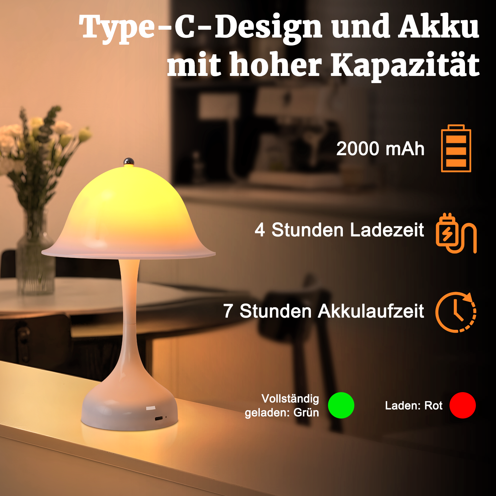 ZMH Lampa stołowa, lampka nocna, LED, ściemnialna, ładowana przez USB, do sypialni - 6