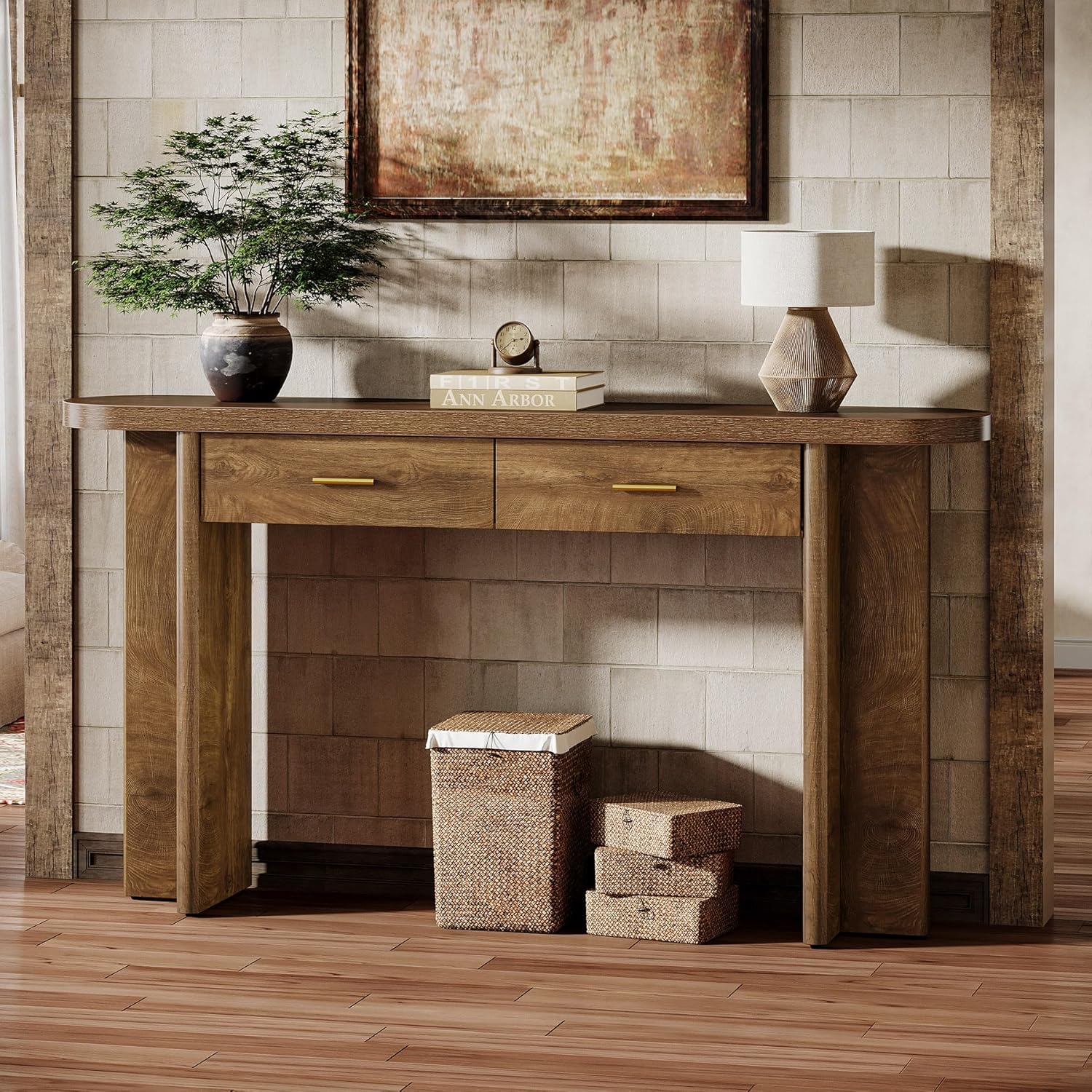 Tribesigns Console 160 cm avec 2 tiroirs - Style fermier élégant et rangement pratique, plateau ovale courbé - 4