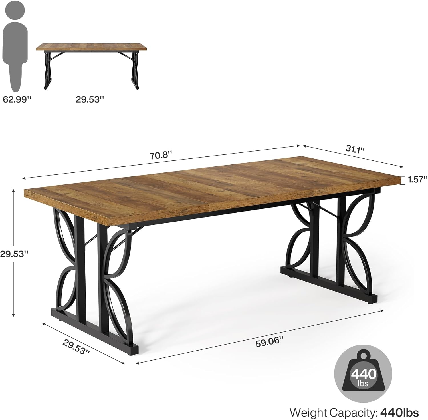 Tribesigns Bureau Table d'ordinateur, 180 x 80 x 75 cm,Table de salle à manger avec structure métallique pour bureau à domicile, blanc & or - 2
