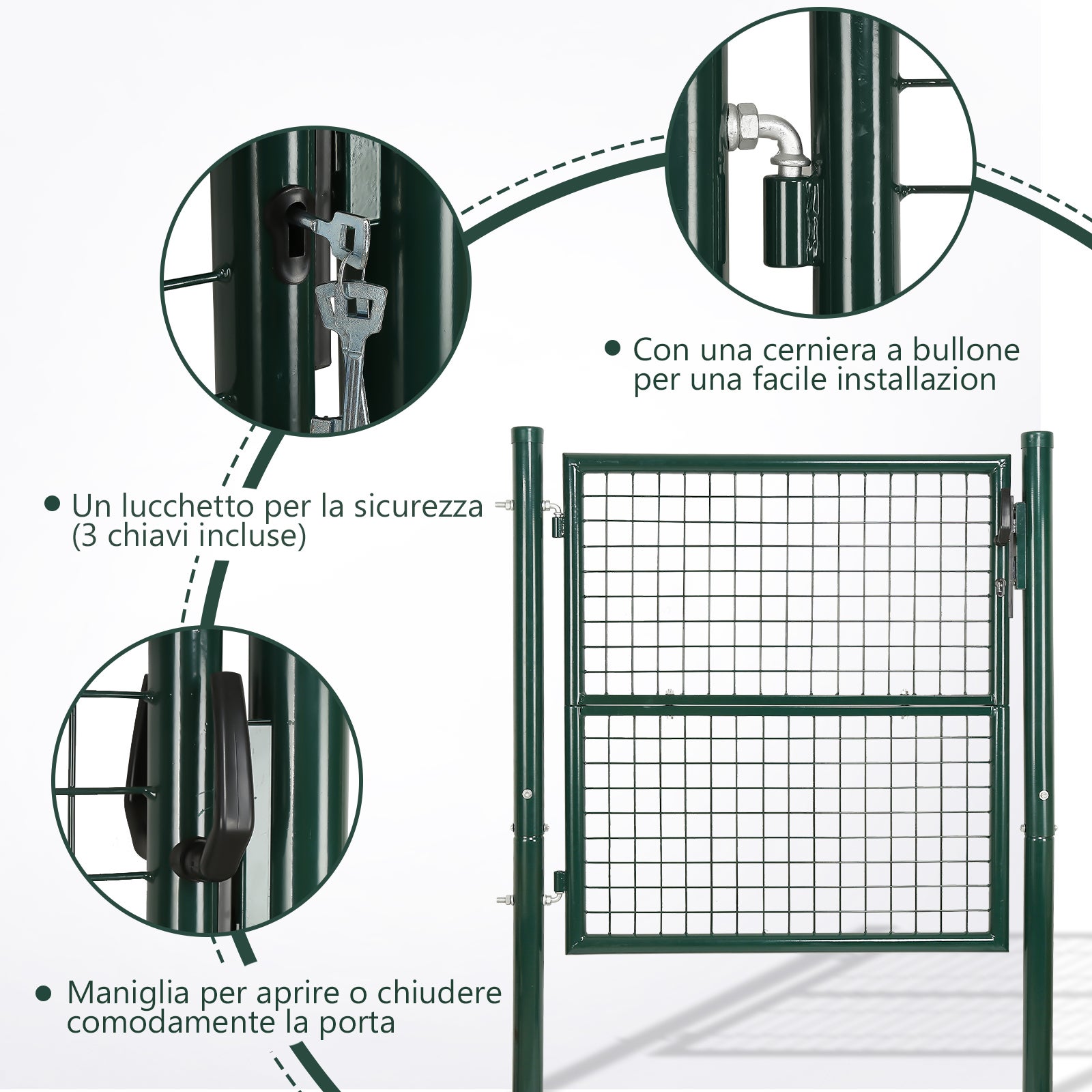Portail de jardin en acier galvanisé avec serrure, poignée et clé, 100 x 100 cm, vert. - 5