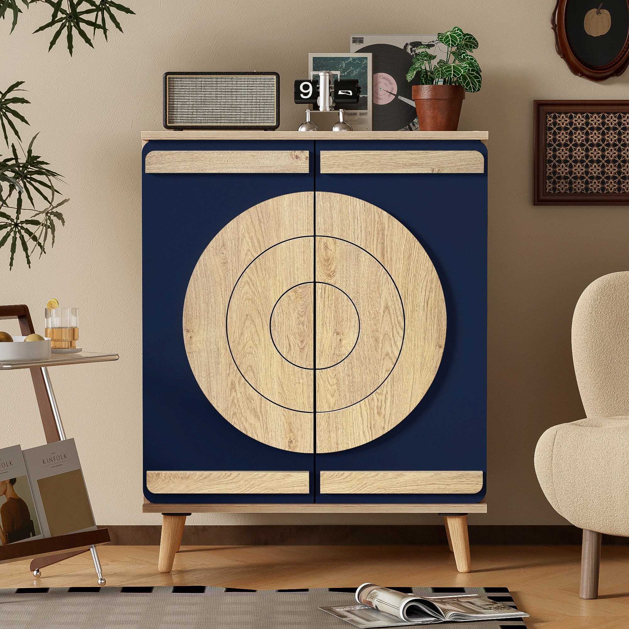 Nowoczesna szafka na buty z 2 geometrycznymi drzwiami - 76 x 37 x 98,5 cm - MDF + nogi drewniane - Niebieski + naturalny